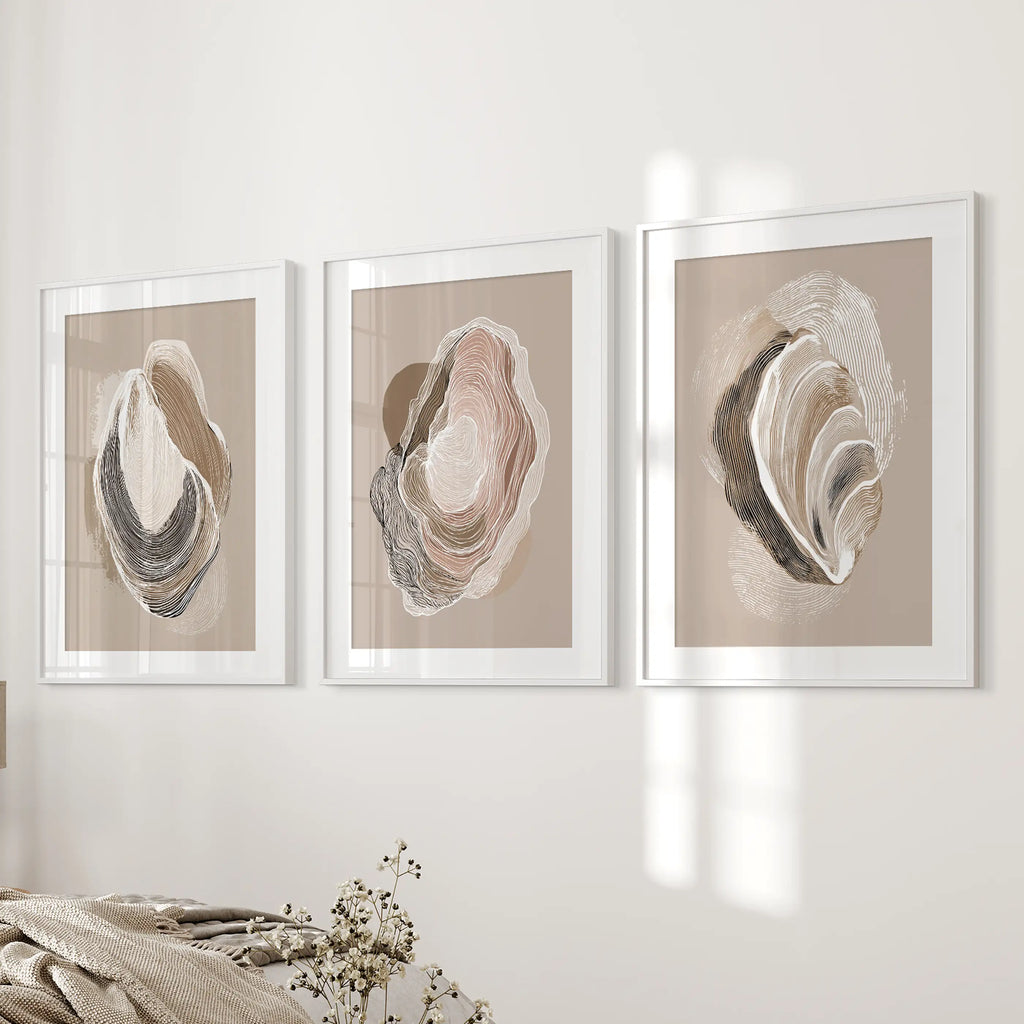 Vintage Oyster Shell Sketch. Minimalist Coastal Wall Art Set
