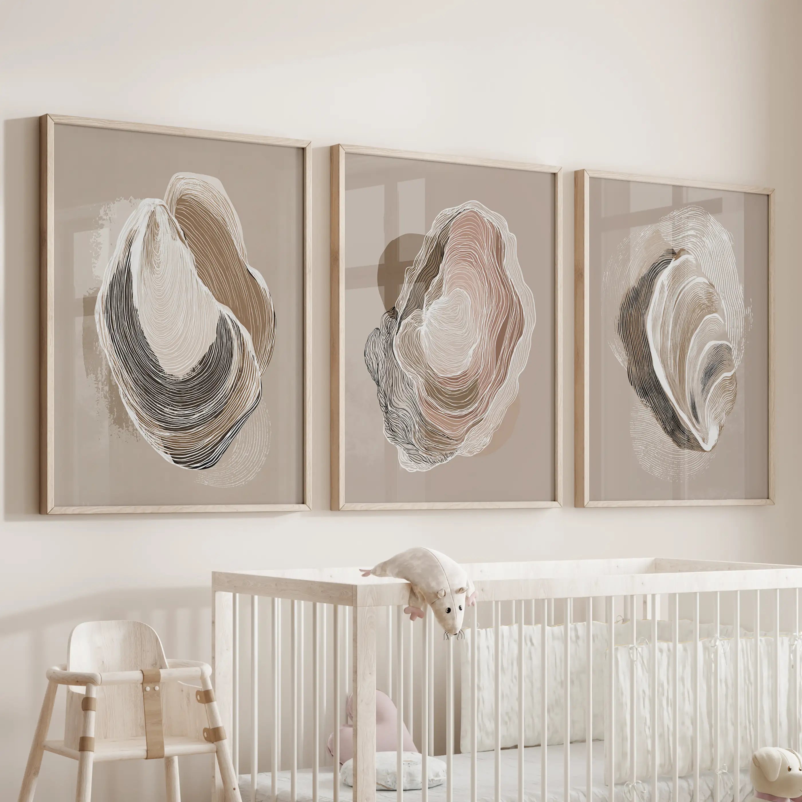 Vintage Oyster Shell Sketch. Minimalist Coastal Wall Art Set