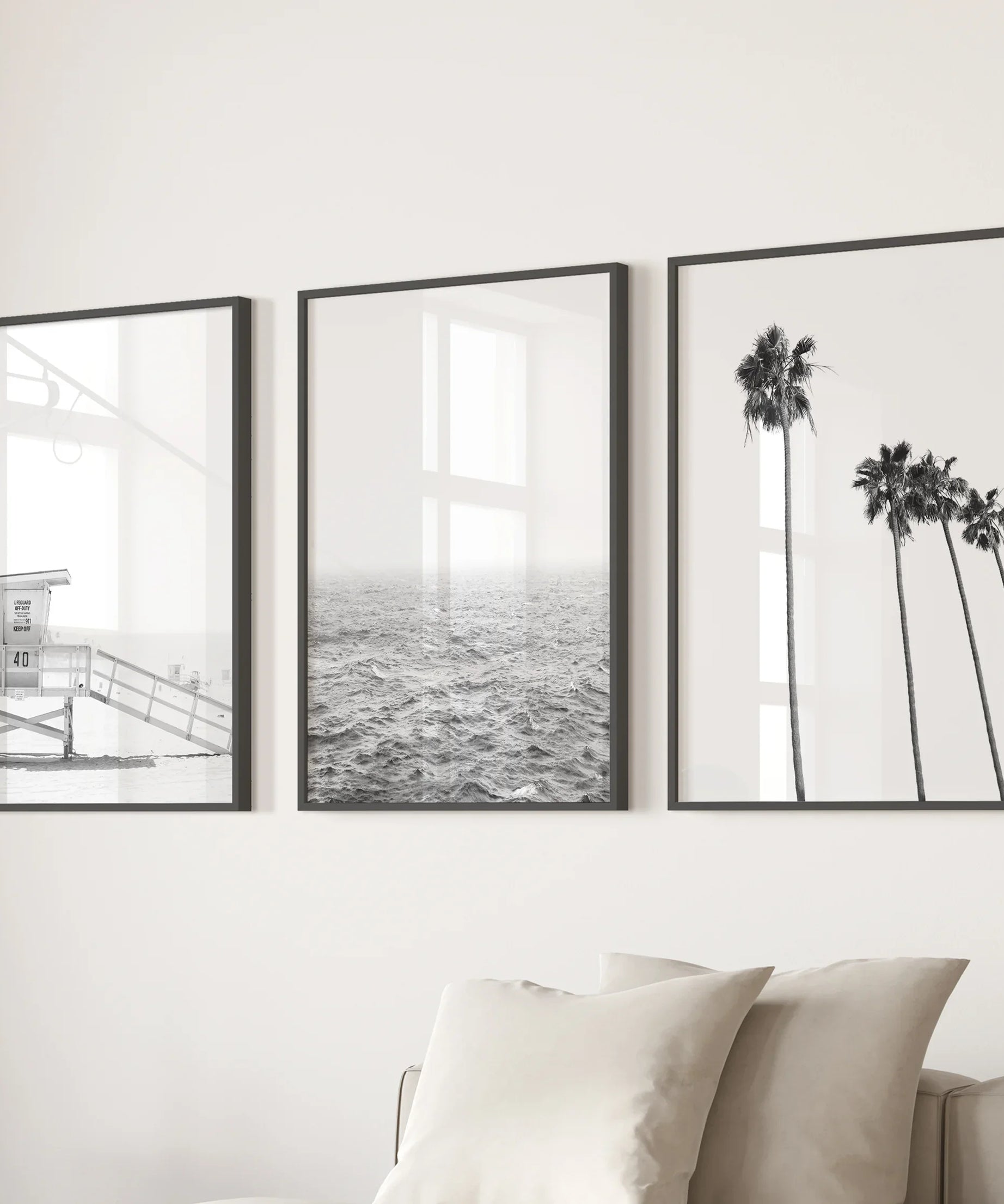 Black White Coastal Wall Art Set: Palms, Ocean, Lifeguard