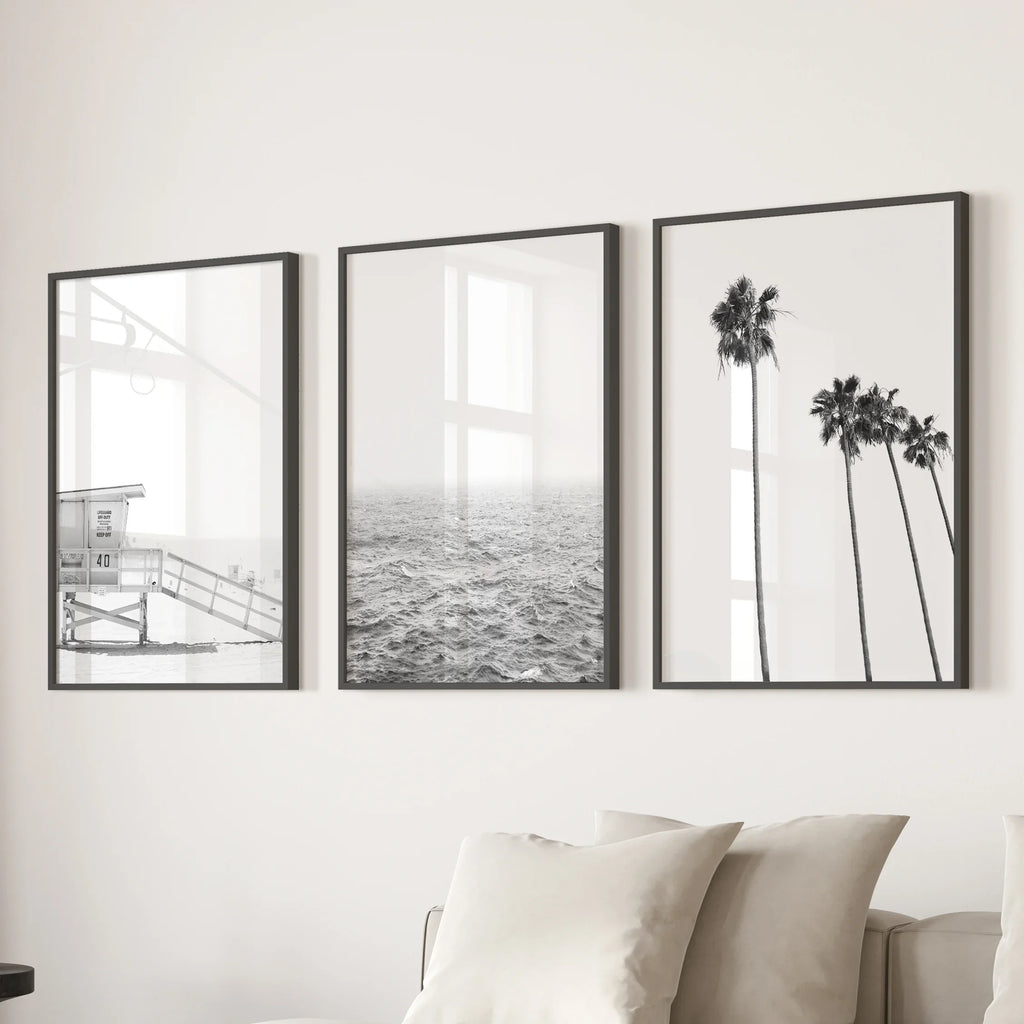 Black White Coastal Wall Art Set: Palms, Ocean, Lifeguard