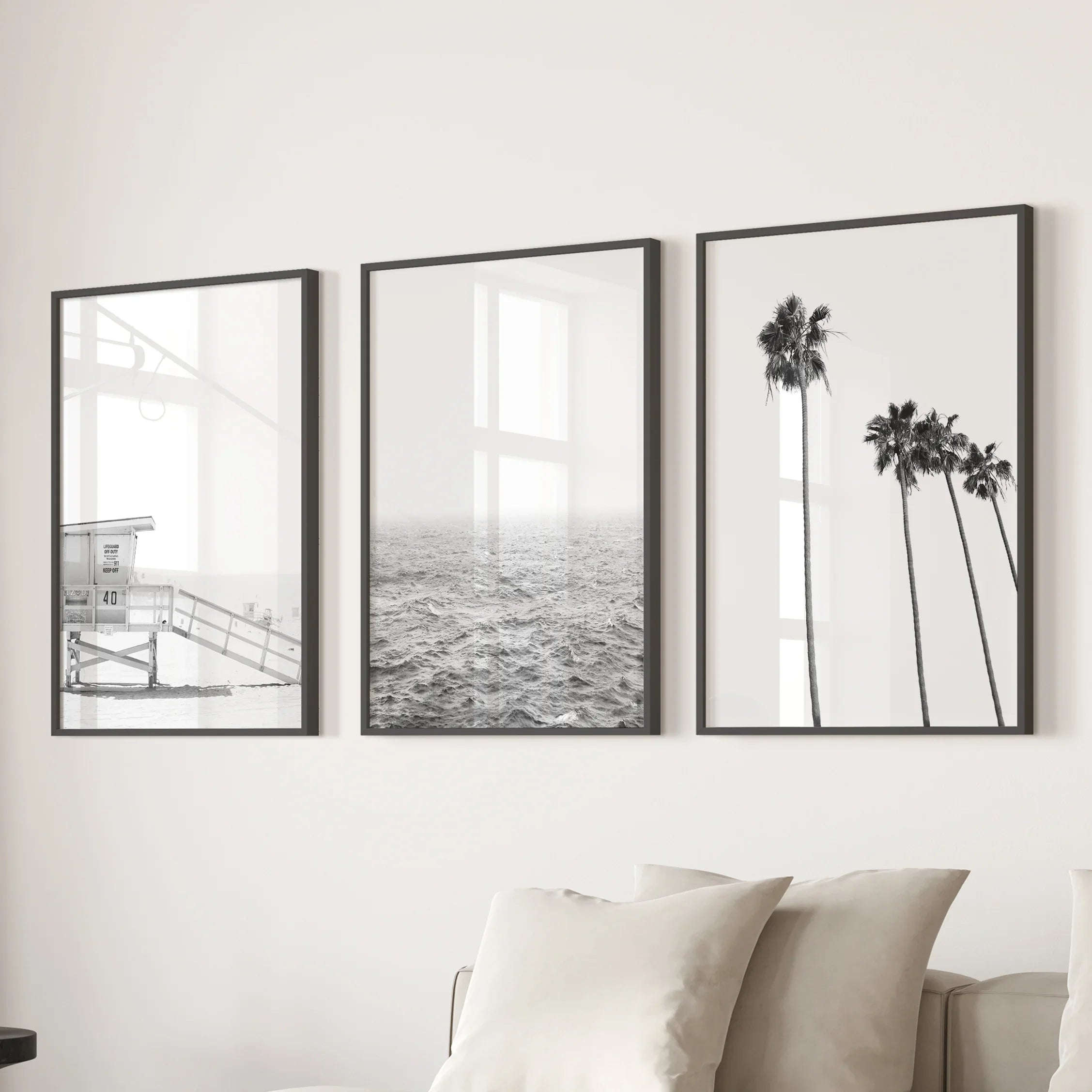 Black White Coastal Wall Art Set: Palms, Ocean, Lifeguard