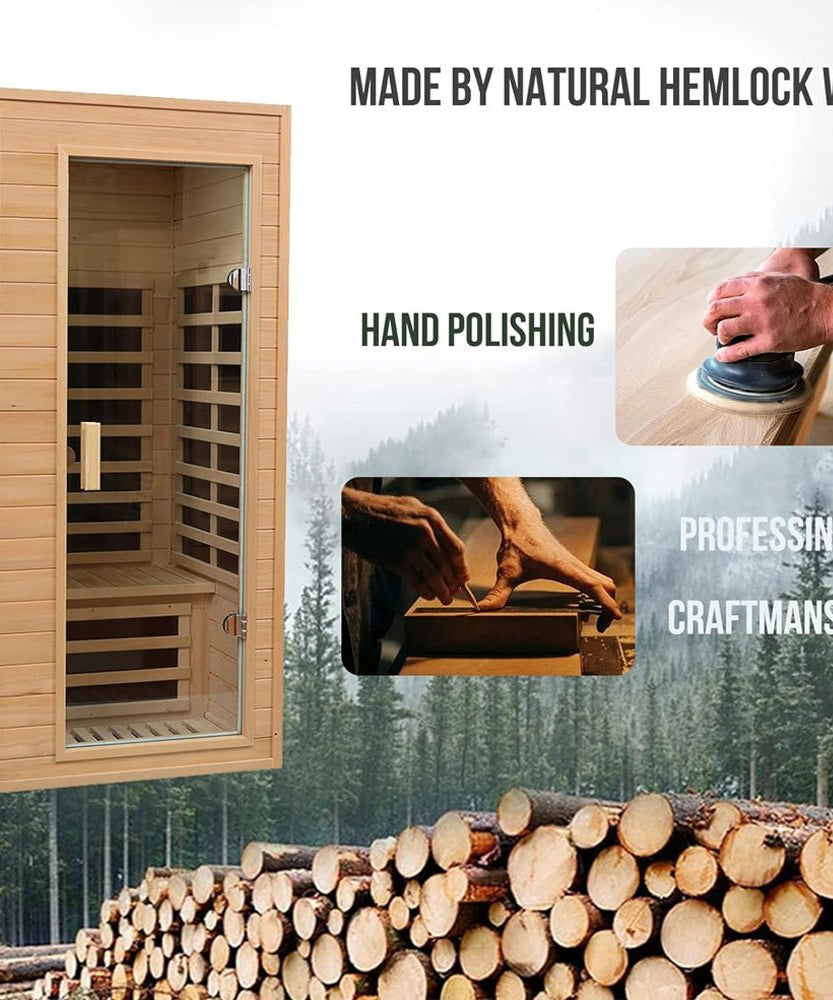 Thermora Elara Premium 1-Person Indoor Low EMF FAR Infrared Heat Hemlock Wood Personal Home Spa Sauna, 1200W (SAK27463)