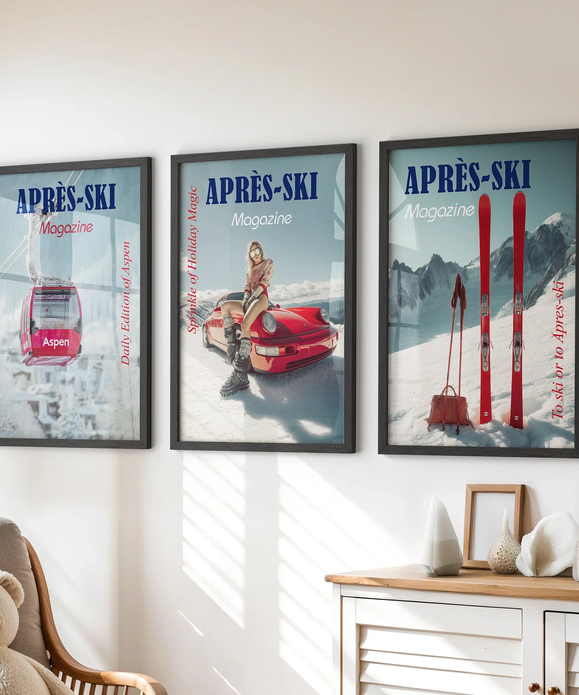 Girly Après Ski Set of 3 Posters. Chic Ski Resort Wall Decor