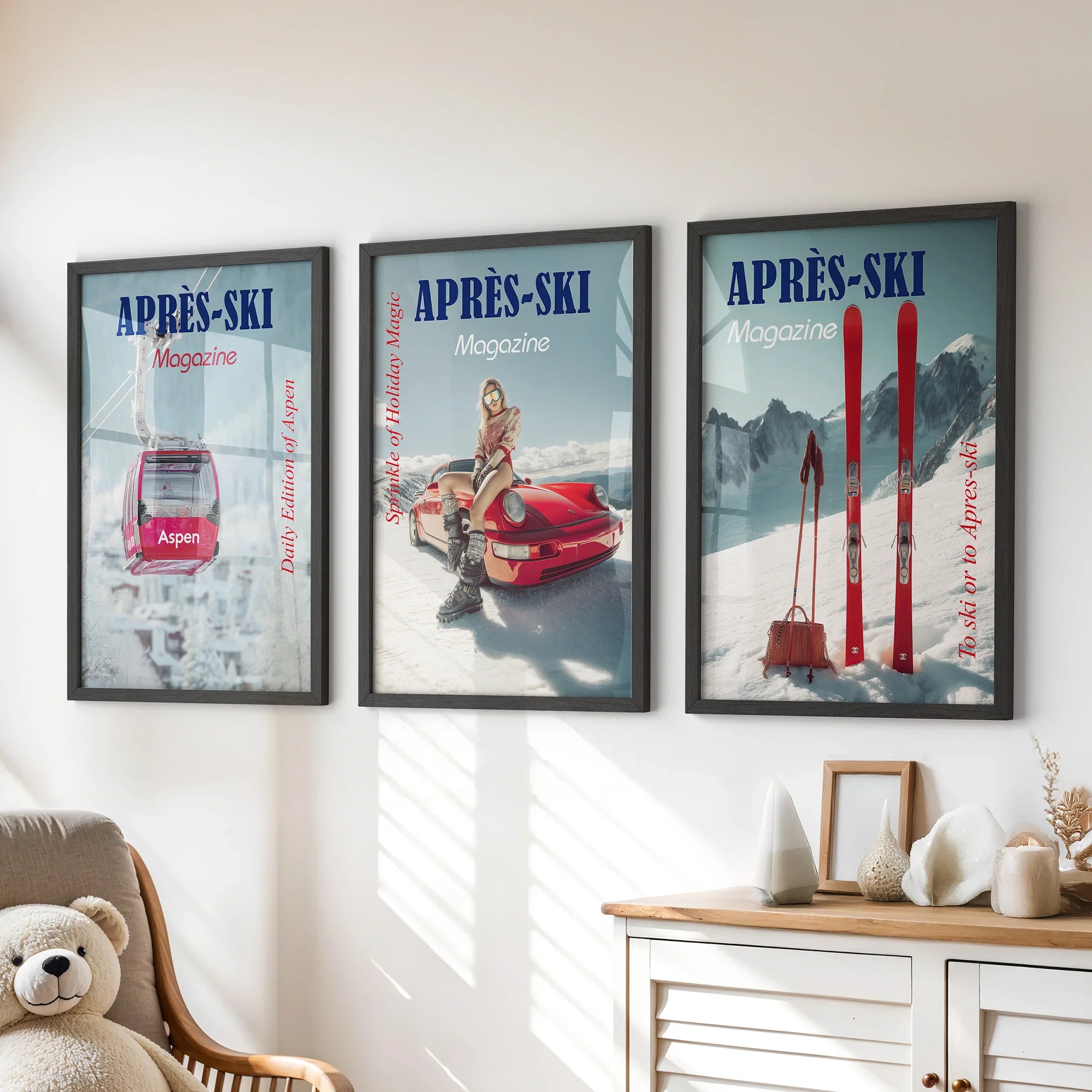 Girly Après Ski Set of 3 Posters. Chic Ski Resort Wall Decor