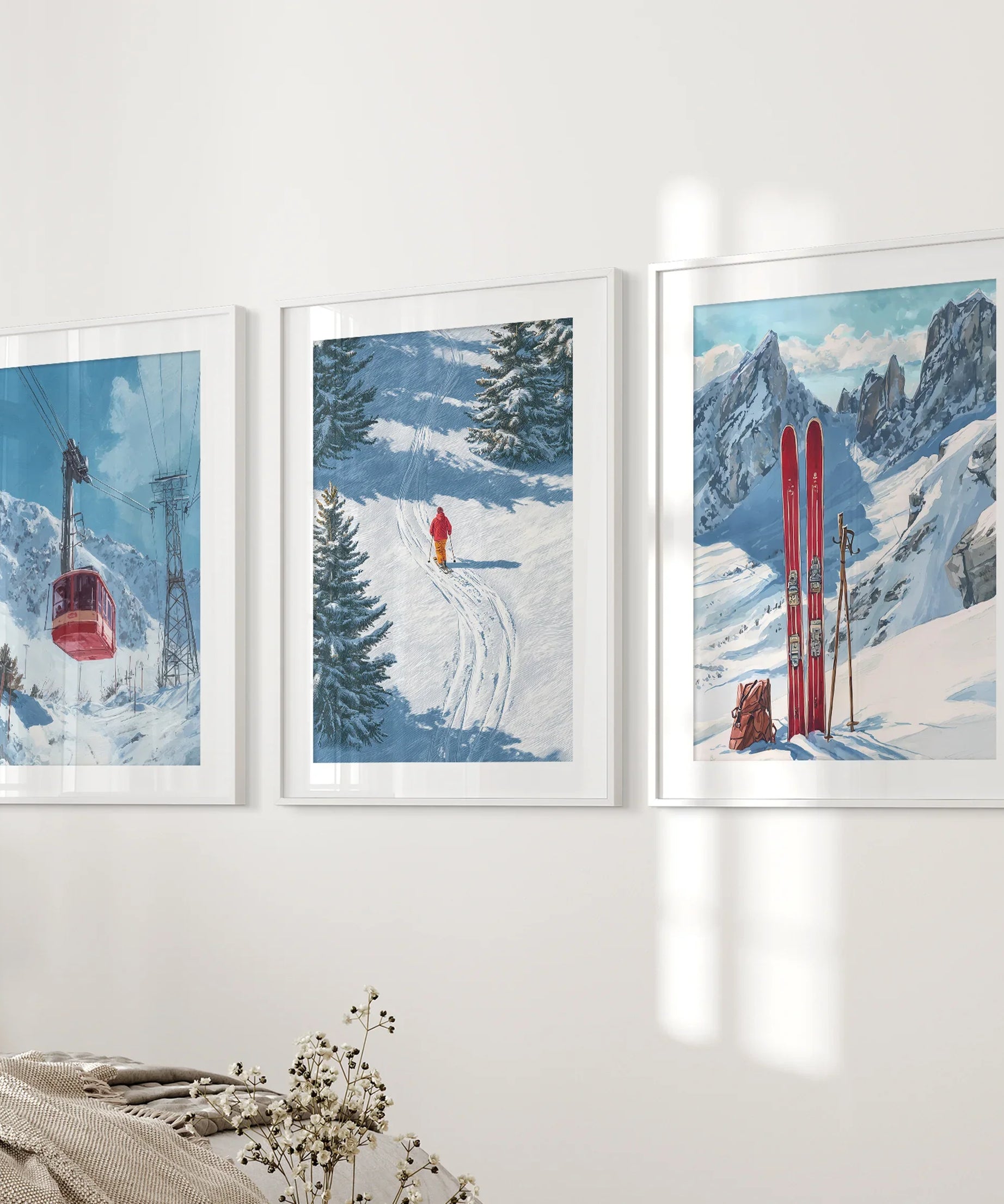 Snowy Mountain Wall Art Set: Skier, Red Skis, Snowy Trees
