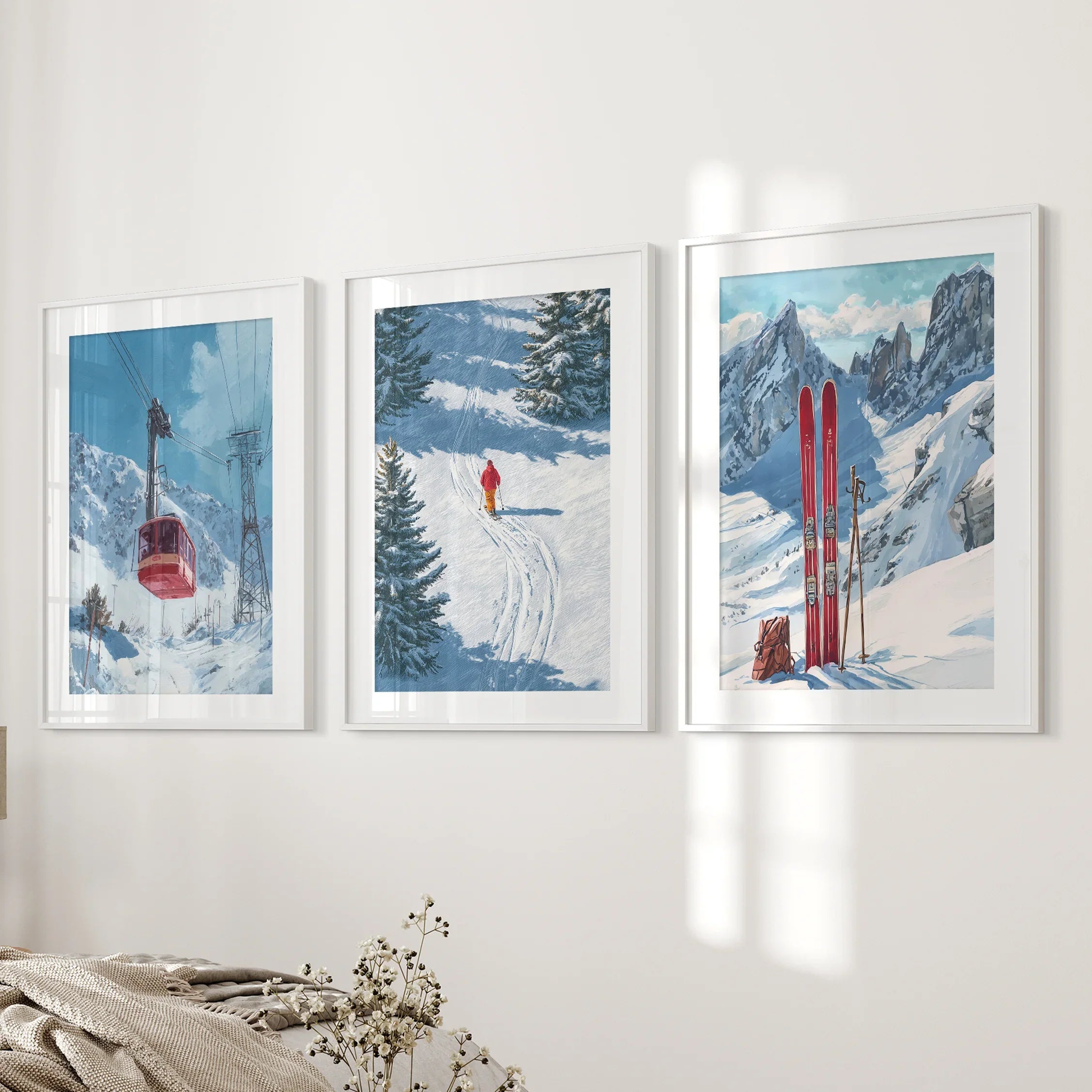Snowy Mountain Wall Art Set: Skier, Red Skis, Snowy Trees