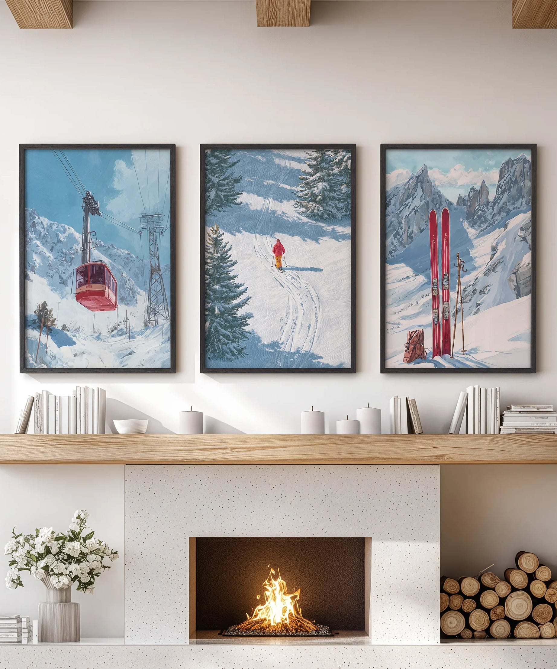 Snowy Mountain Wall Art Set: Skier, Red Skis, Snowy Trees