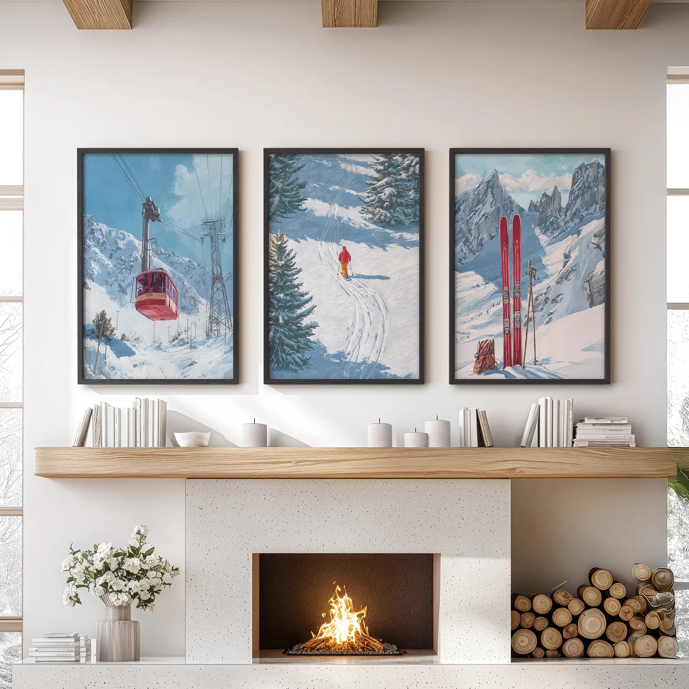 Snowy Mountain Wall Art Set: Skier, Red Skis, Snowy Trees