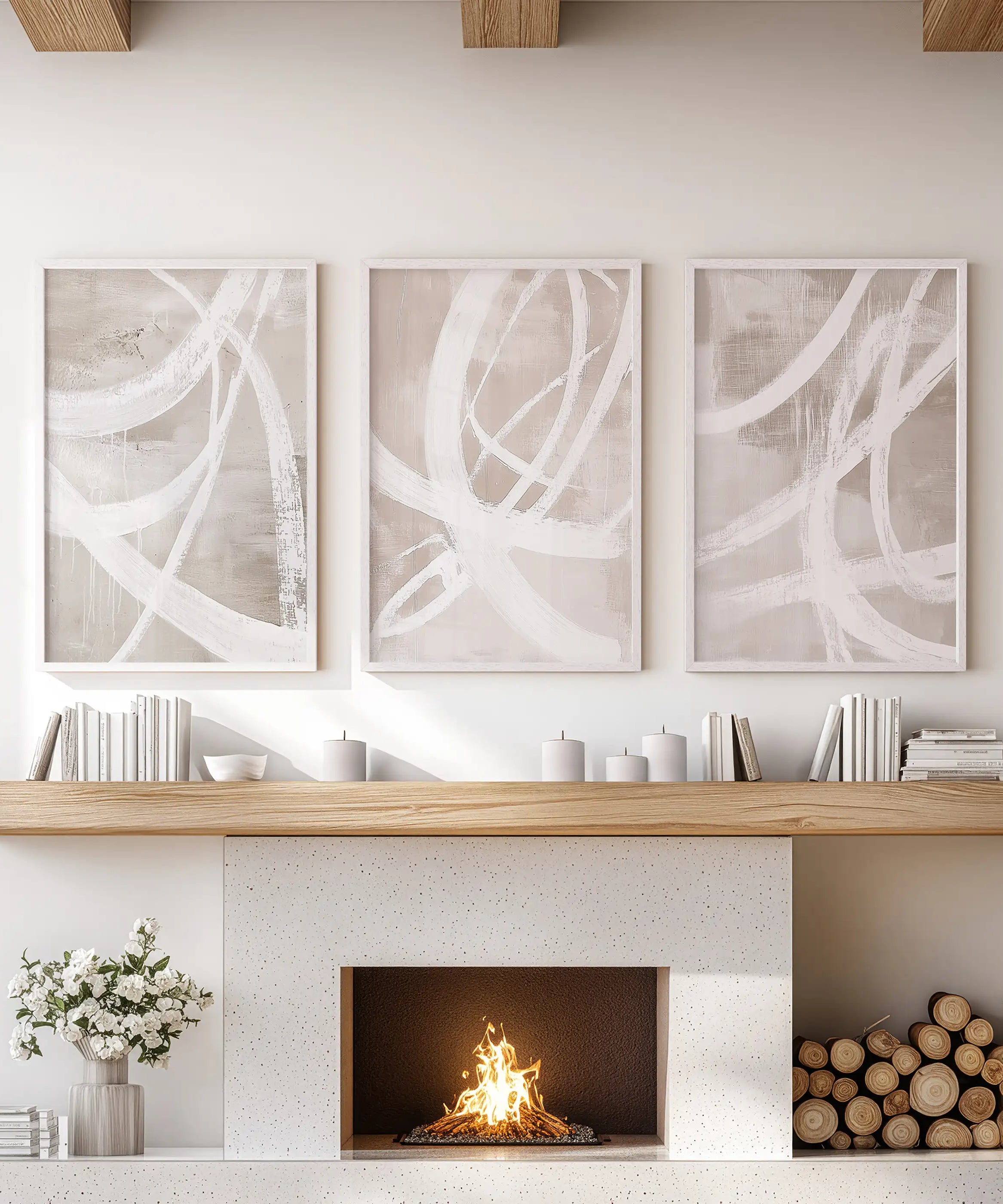 Modern Minimalist Abstract Triptych. Neutral Brush Stroke Art