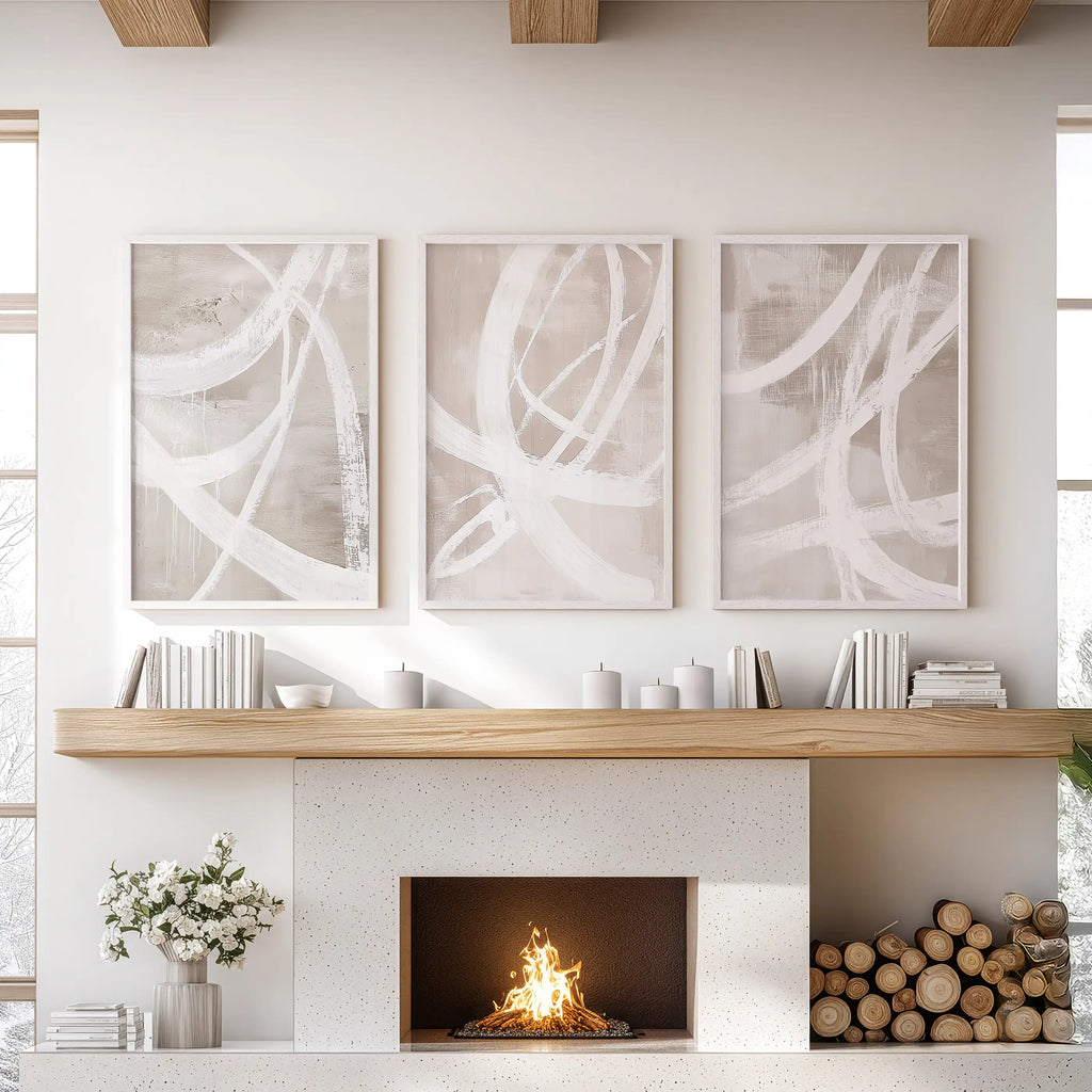 Modern Minimalist Abstract Triptych. Neutral Brush Stroke Art