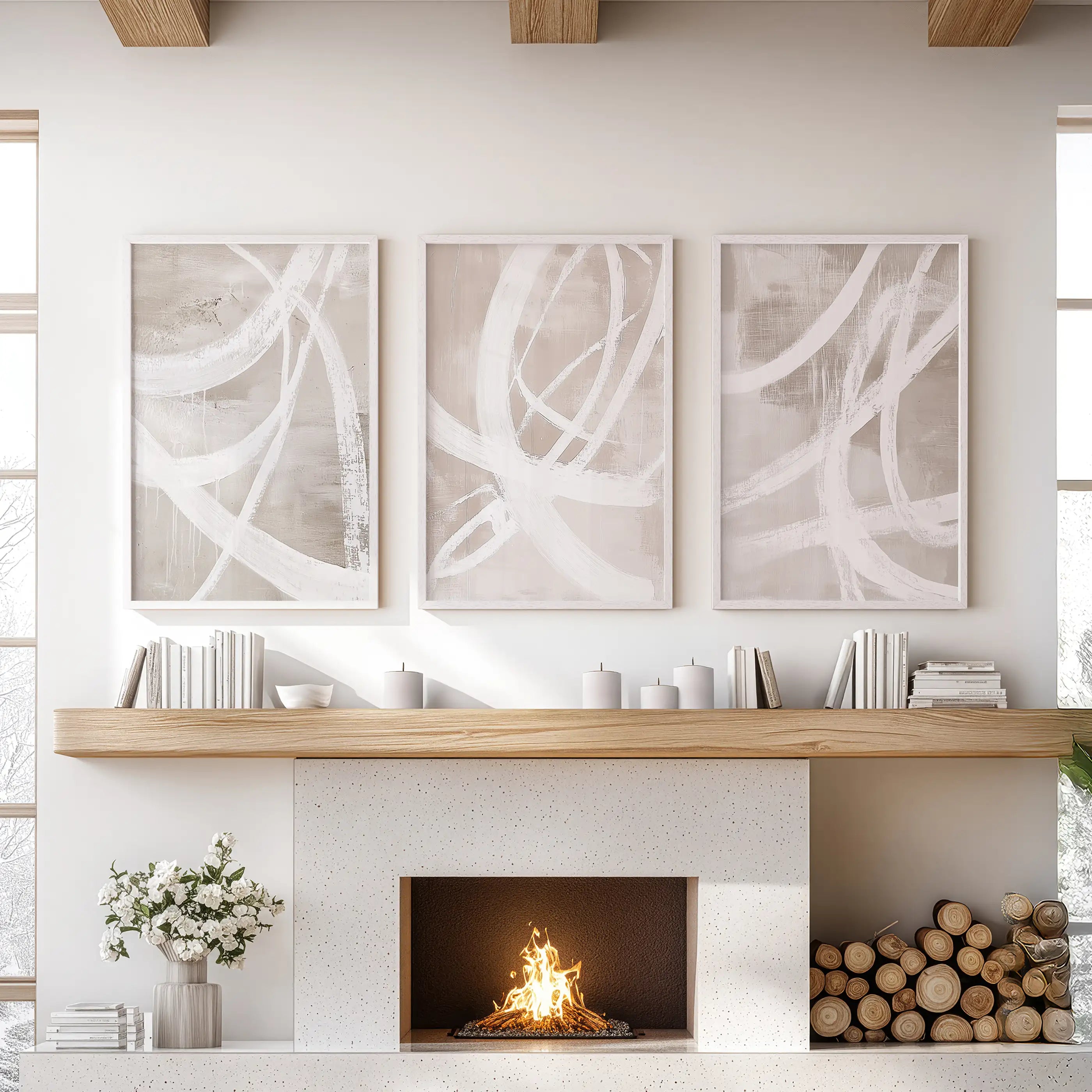 Modern Minimalist Abstract Triptych. Neutral Brush Stroke Art