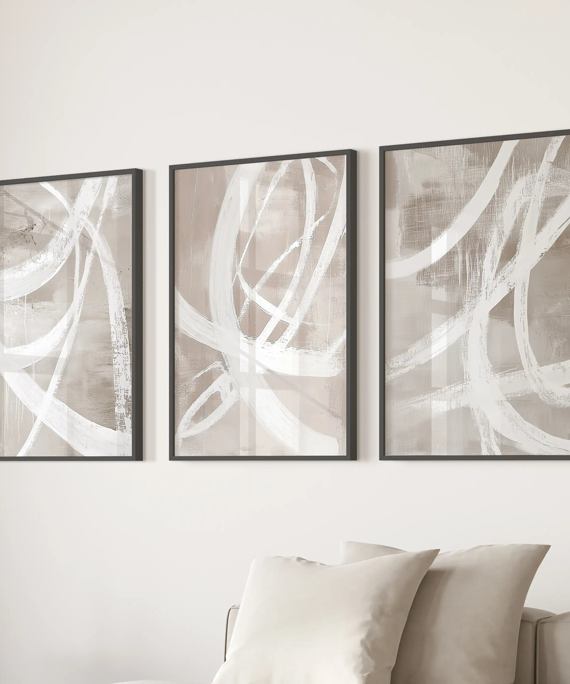 Modern Minimalist Abstract Triptych. Neutral Brush Stroke Art