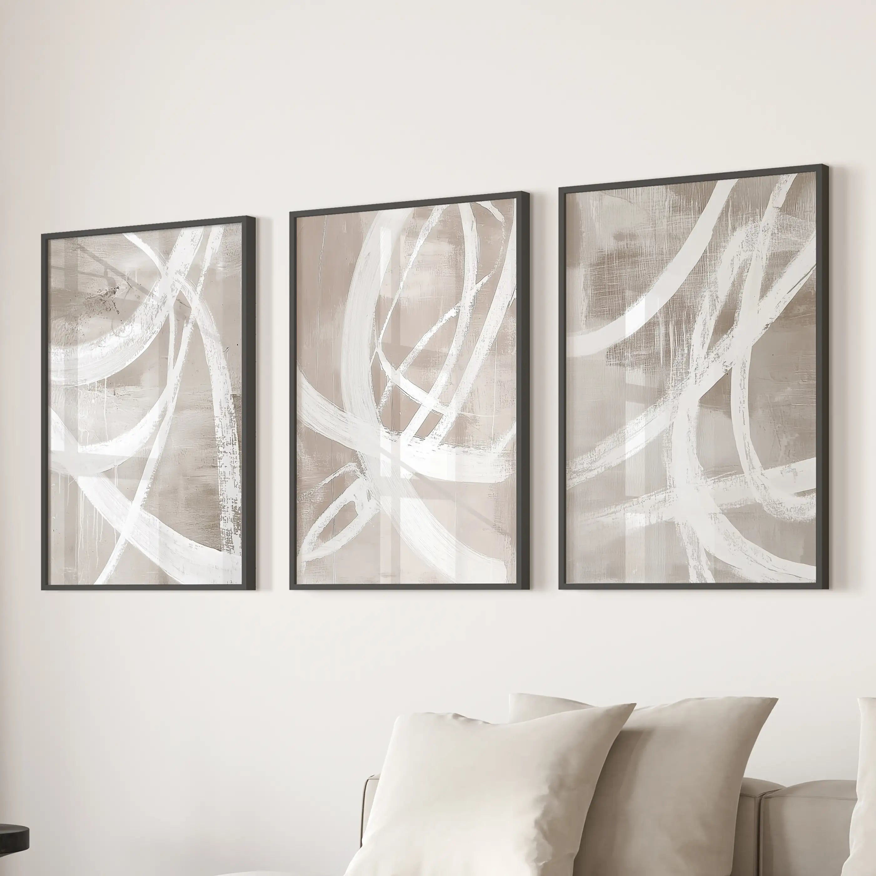 Modern Minimalist Abstract Triptych. Neutral Brush Stroke Art