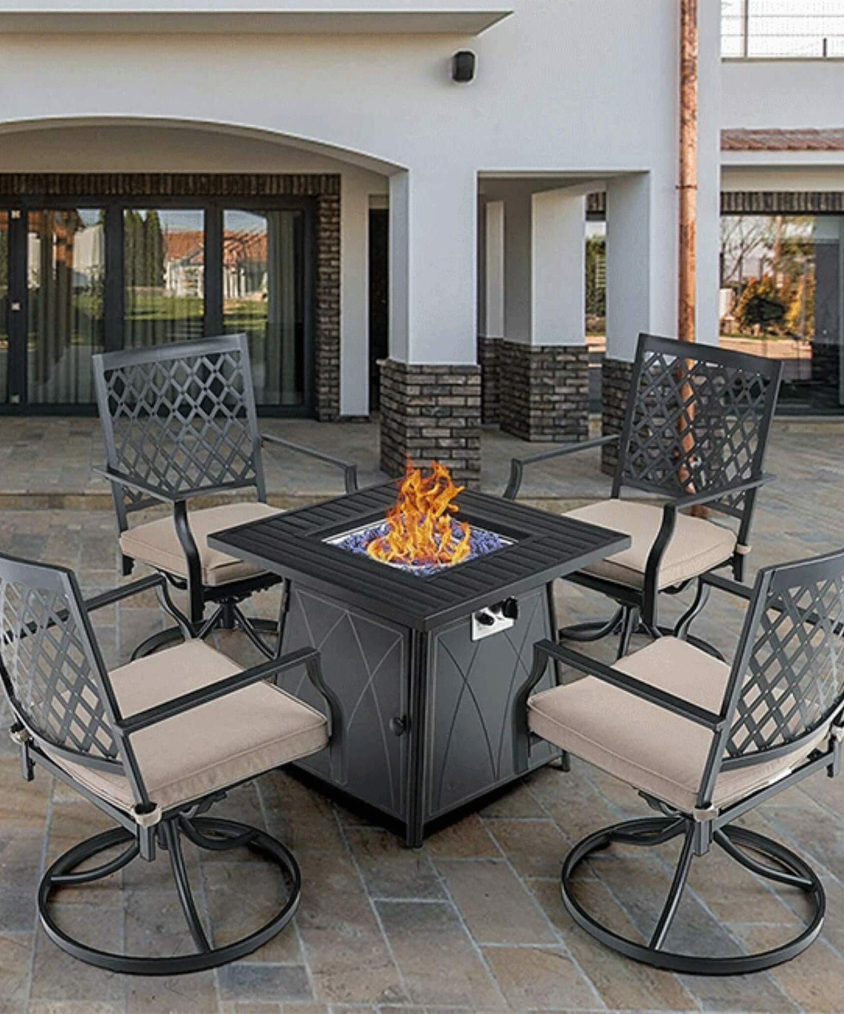 Sophia & William Outdoor Gas Fire Pit Table Set W/ Cushioned Swivel Dining Chairs, 5PCS (SAK63872)