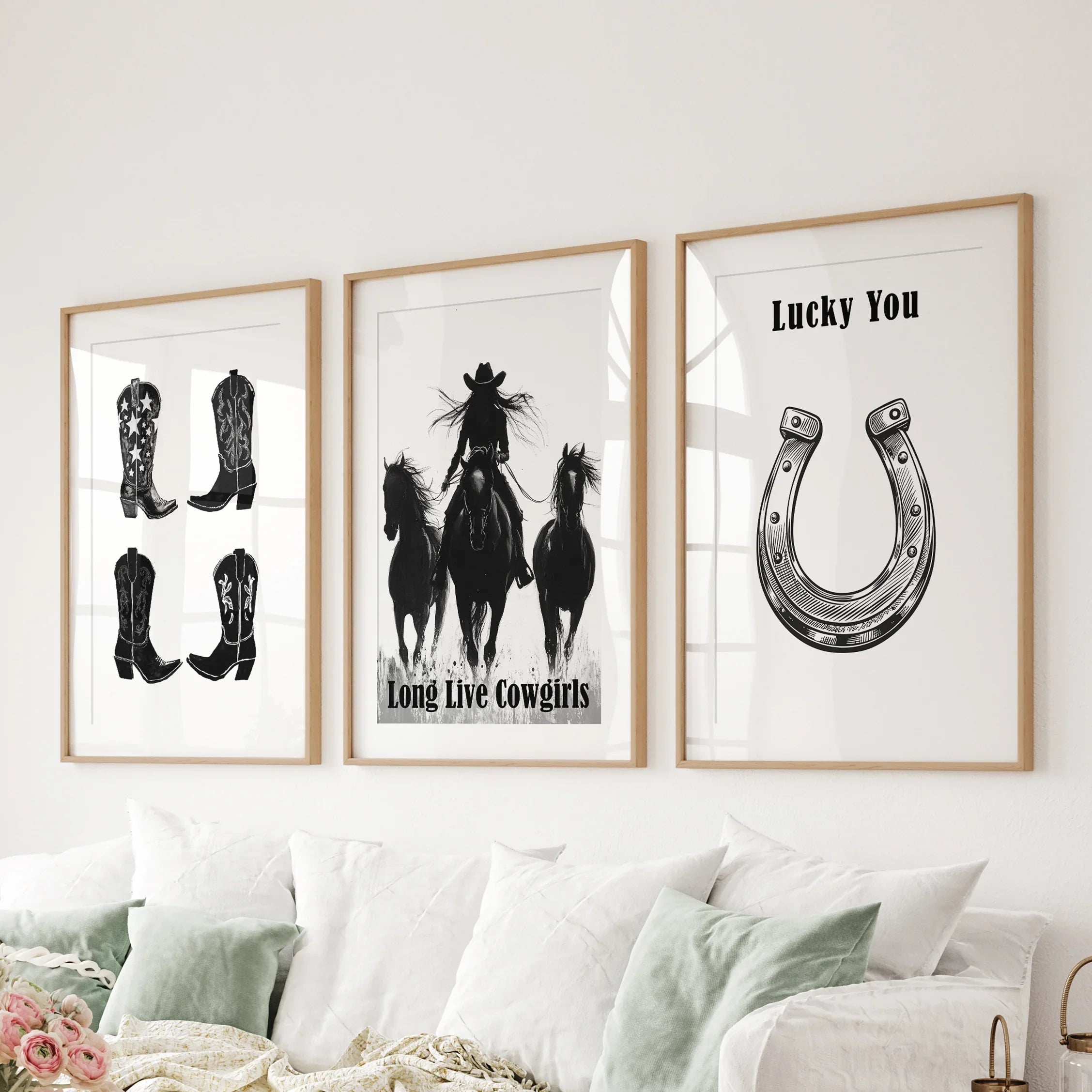 Western Cowgirl Wall Art Set of 3. Rustic Ranch Decor