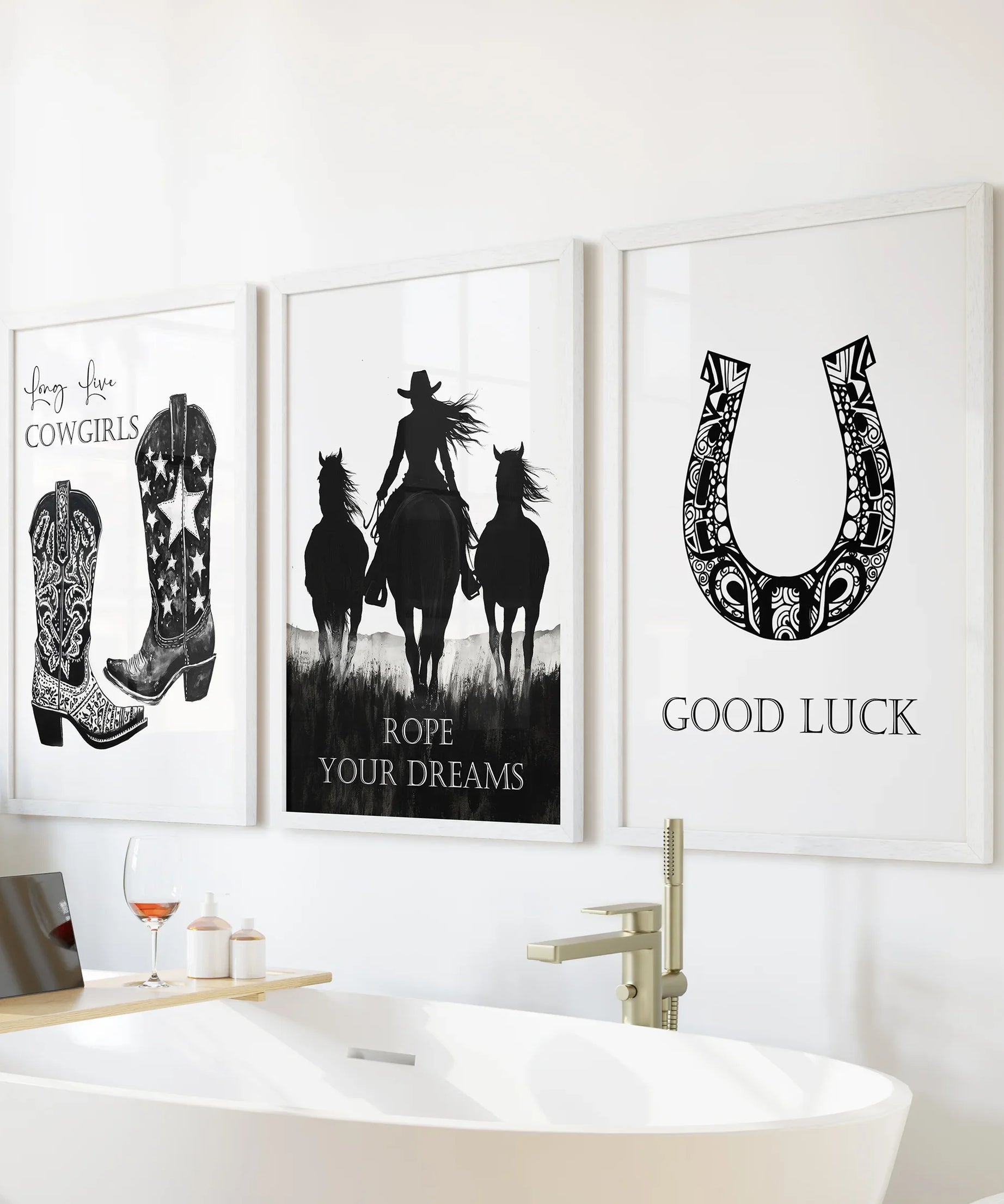 Black White Western Cowgirl 3 Piece Art. Boots, Horseshoe