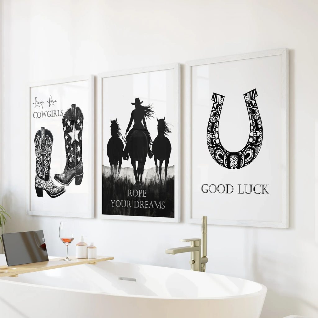 Black White Western Cowgirl 3 Piece Art. Boots, Horseshoe