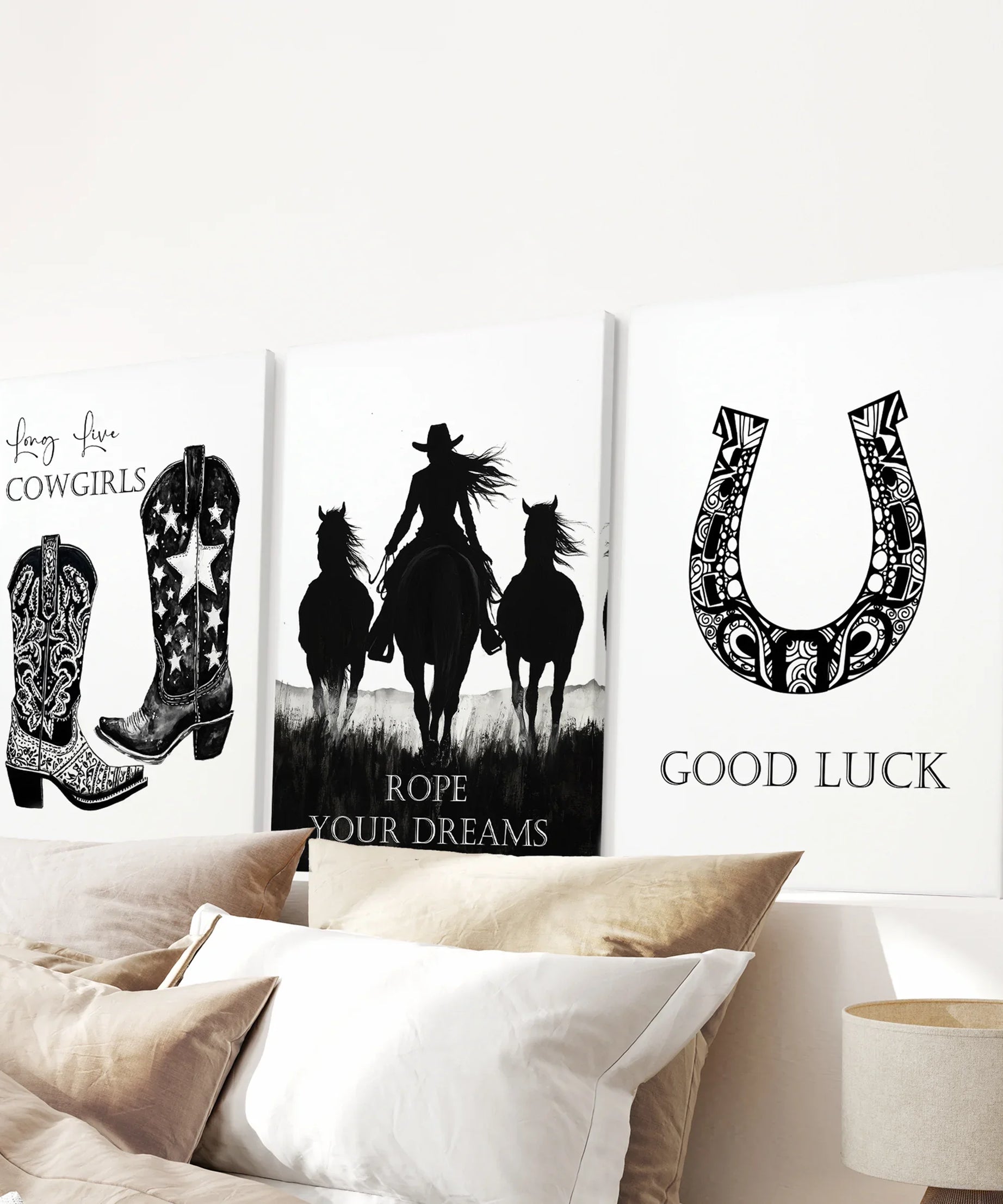 Black White Western Cowgirl 3 Piece Art. Boots, Horseshoe