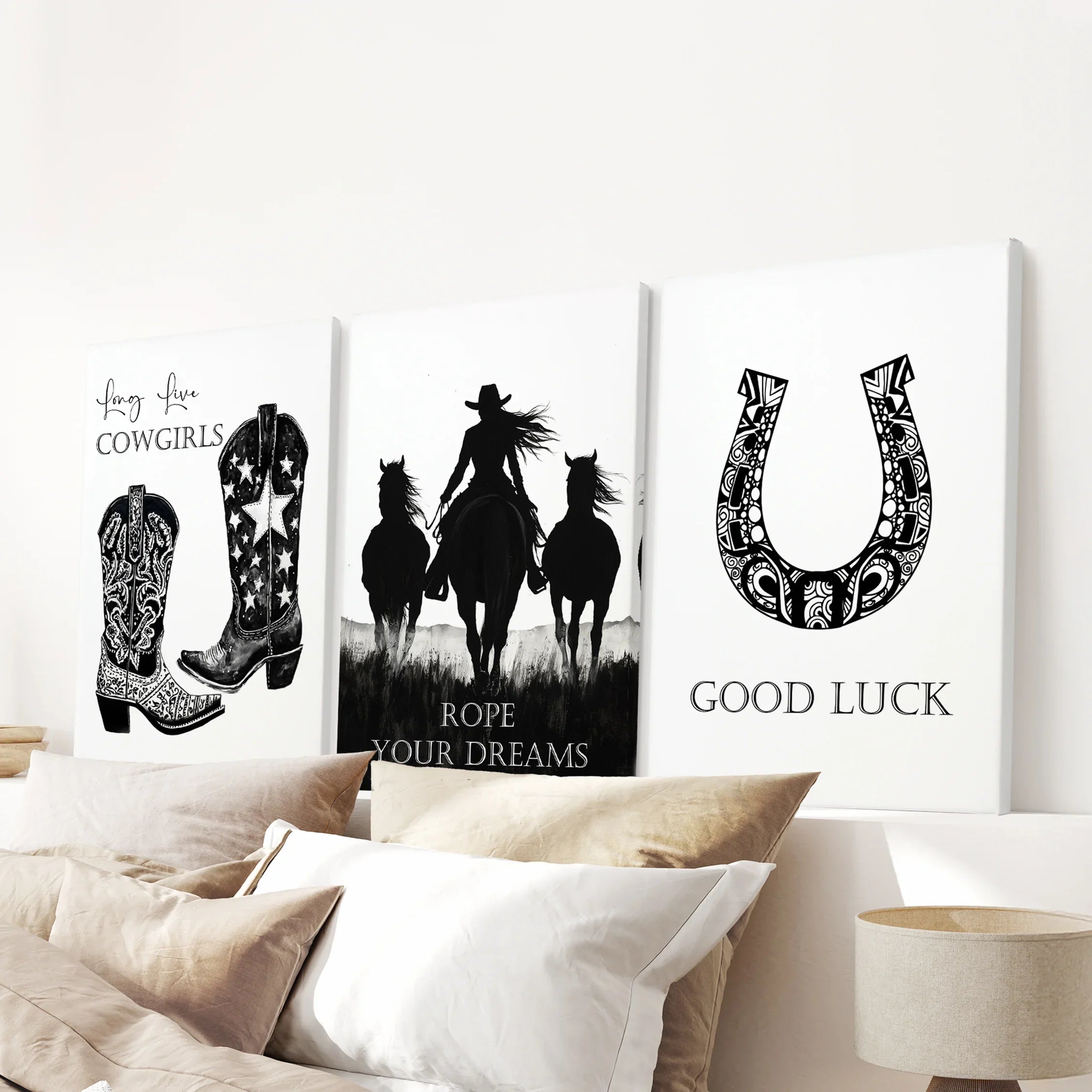 Black White Western Cowgirl 3 Piece Art. Boots, Horseshoe