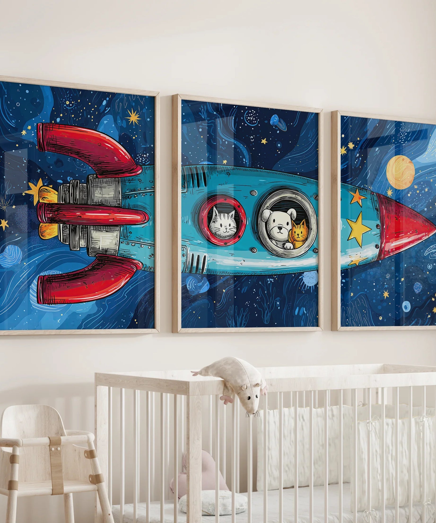 Outer Space Kids Wall Art. Rocket and Stars Nursery Prints