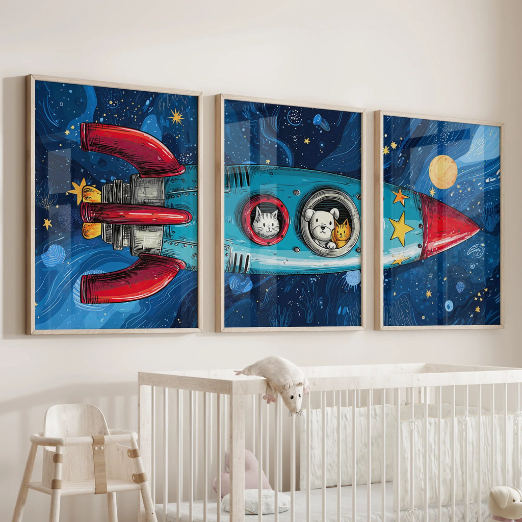 Outer Space Kids Wall Art. Rocket and Stars Nursery Prints