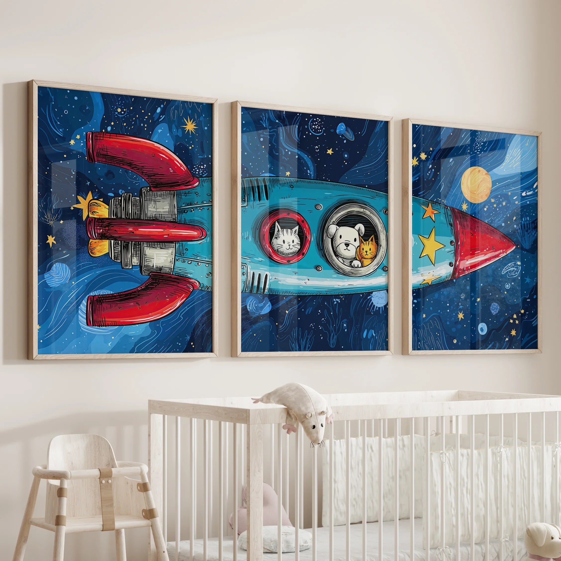 Outer Space Kids Wall Art. Rocket and Stars Nursery Prints