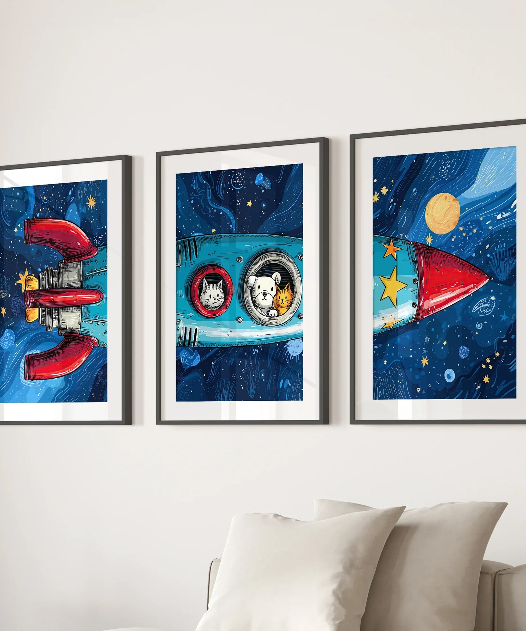 Outer Space Kids Wall Art. Rocket and Stars Nursery Prints