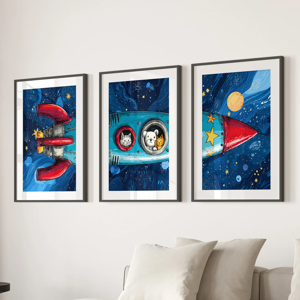 Outer Space Kids Wall Art. Rocket and Stars Nursery Prints