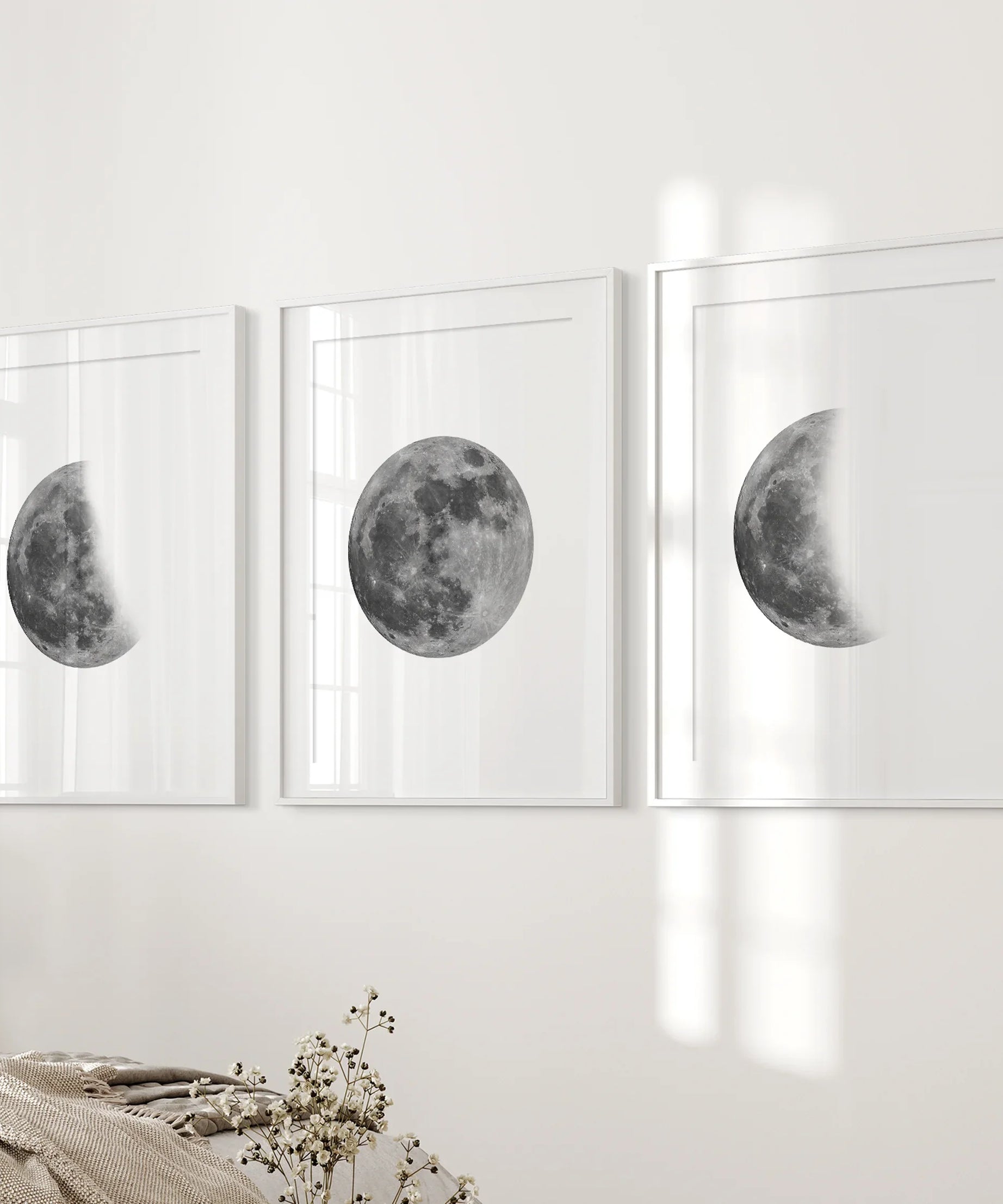 Moon Phases Set of 3 Prints. Black and White Lunar Cycle