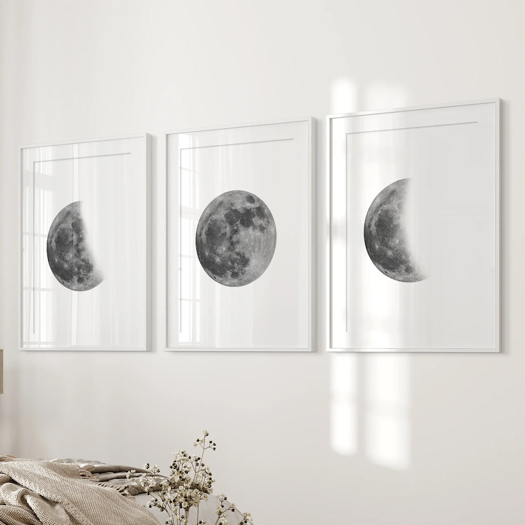 Moon Phases Set of 3 Prints. Black and White Lunar Cycle
