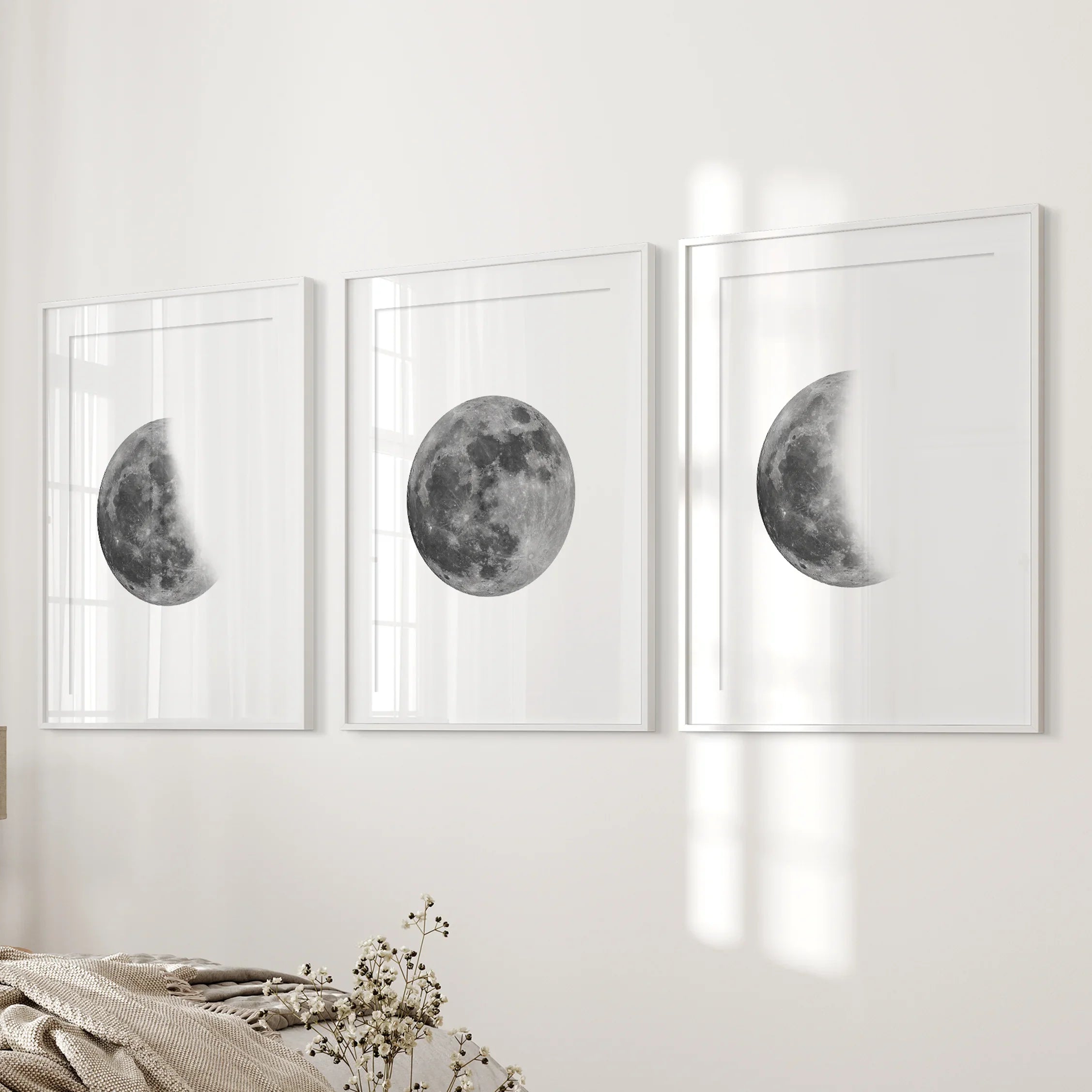 Moon Phases Set of 3 Prints. Black and White Lunar Cycle