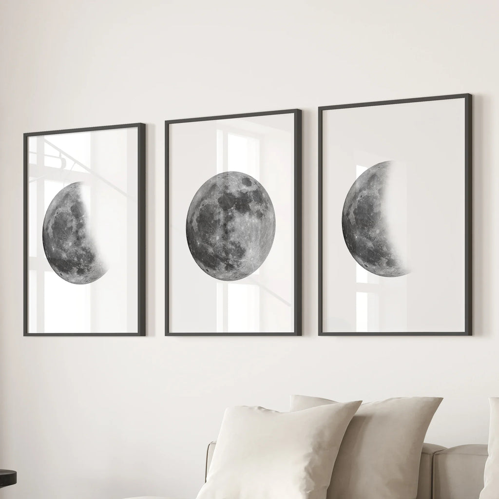 Moon Phases Set of 3 Prints. Black and White Lunar Cycle