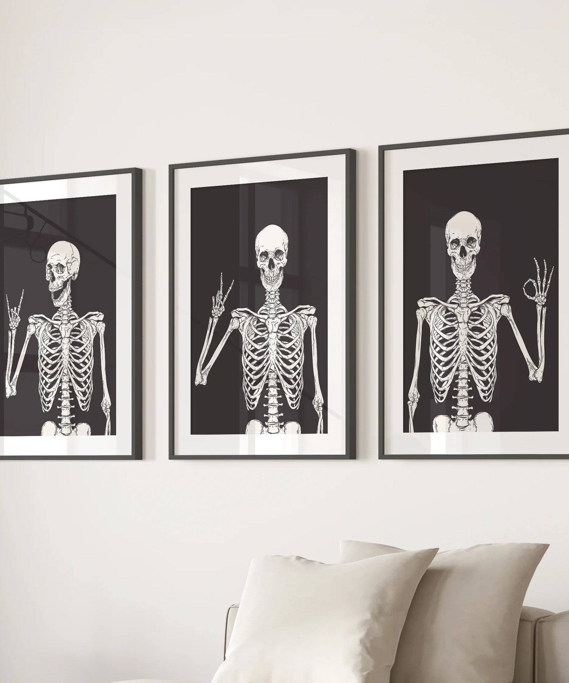 Halloween Skeleton Wall Art Set. 3 Piece Black Gothic Prints