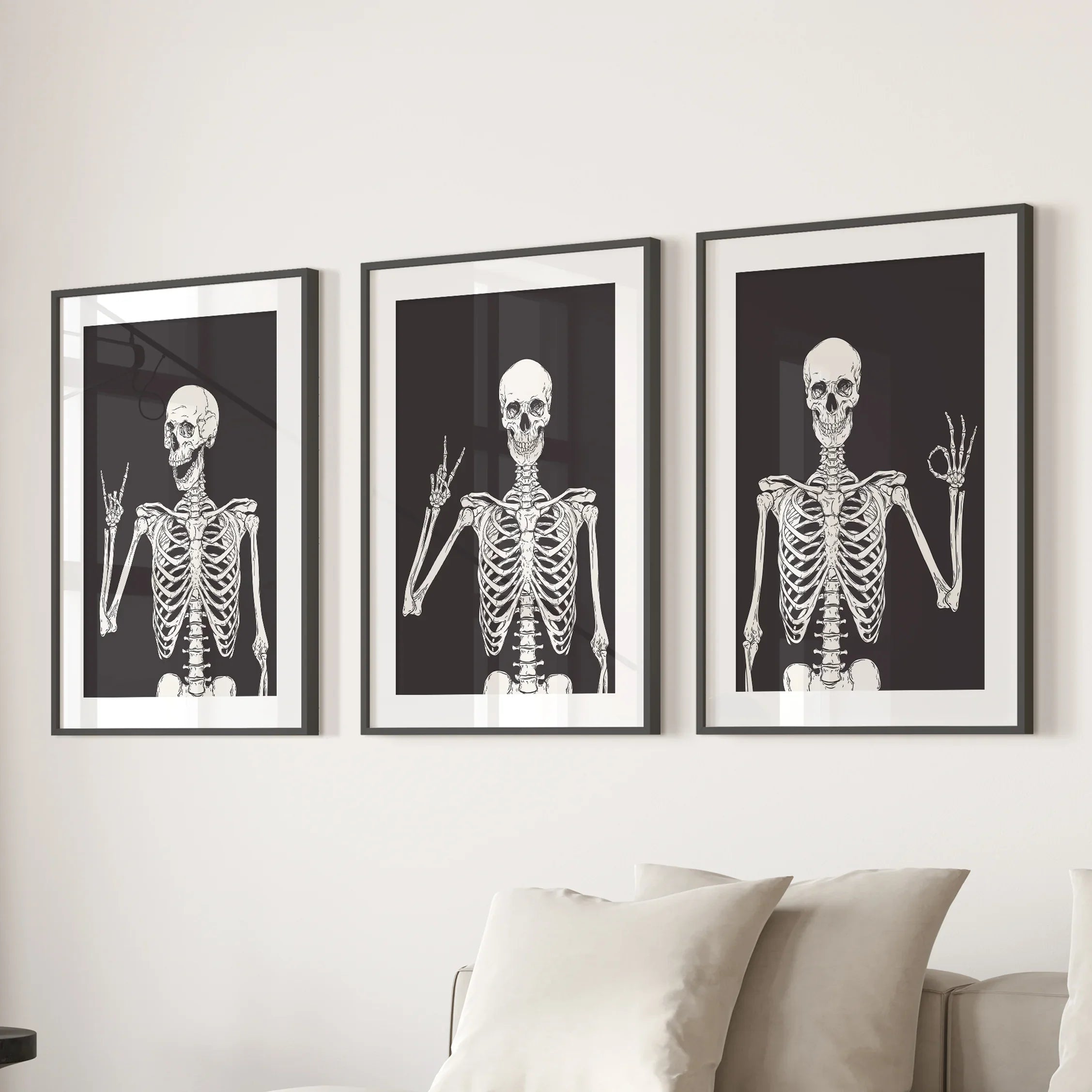 Halloween Skeleton Wall Art Set. 3 Piece Black Gothic Prints
