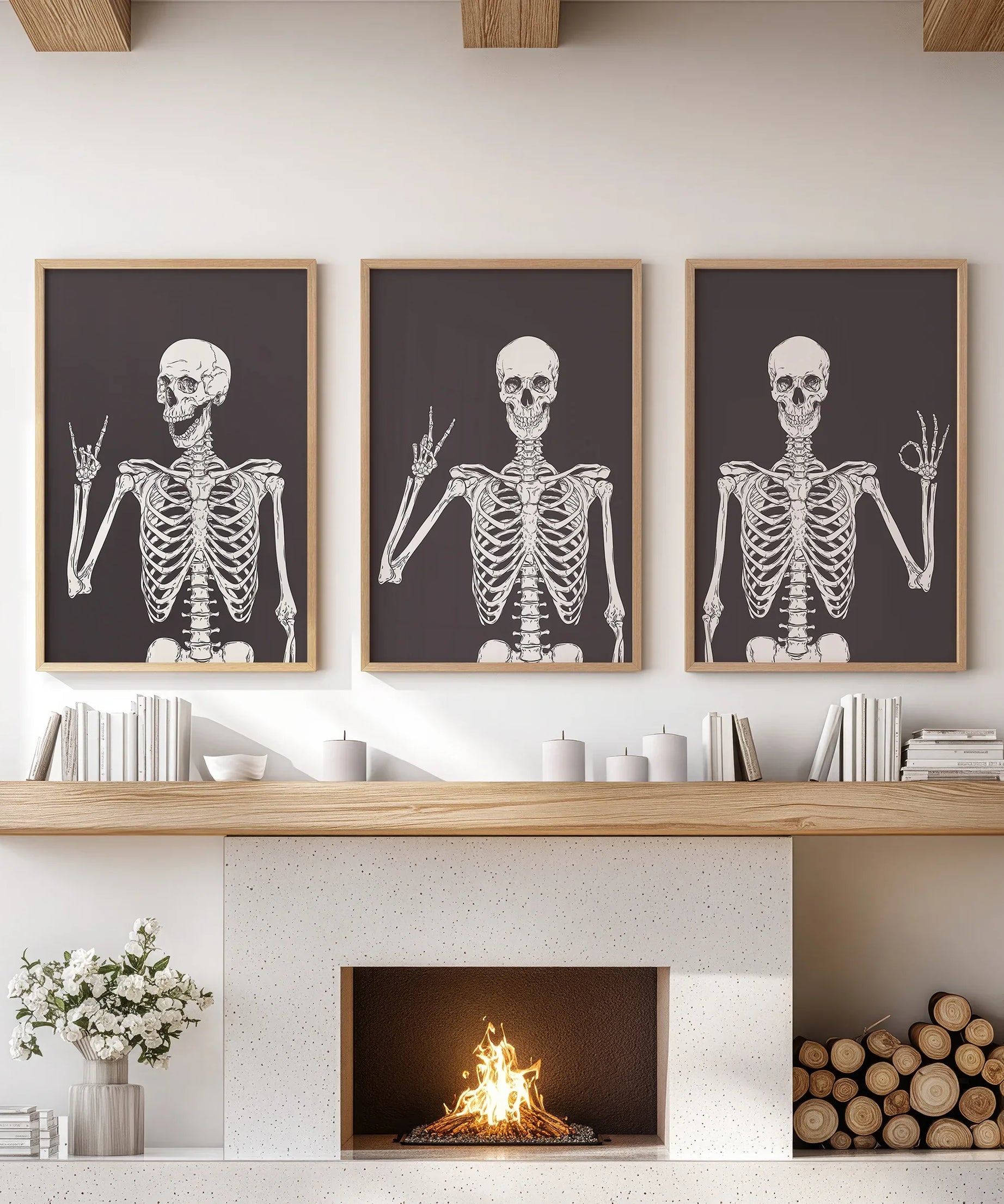 Halloween Skeleton Wall Art Set. 3 Piece Black Gothic Prints