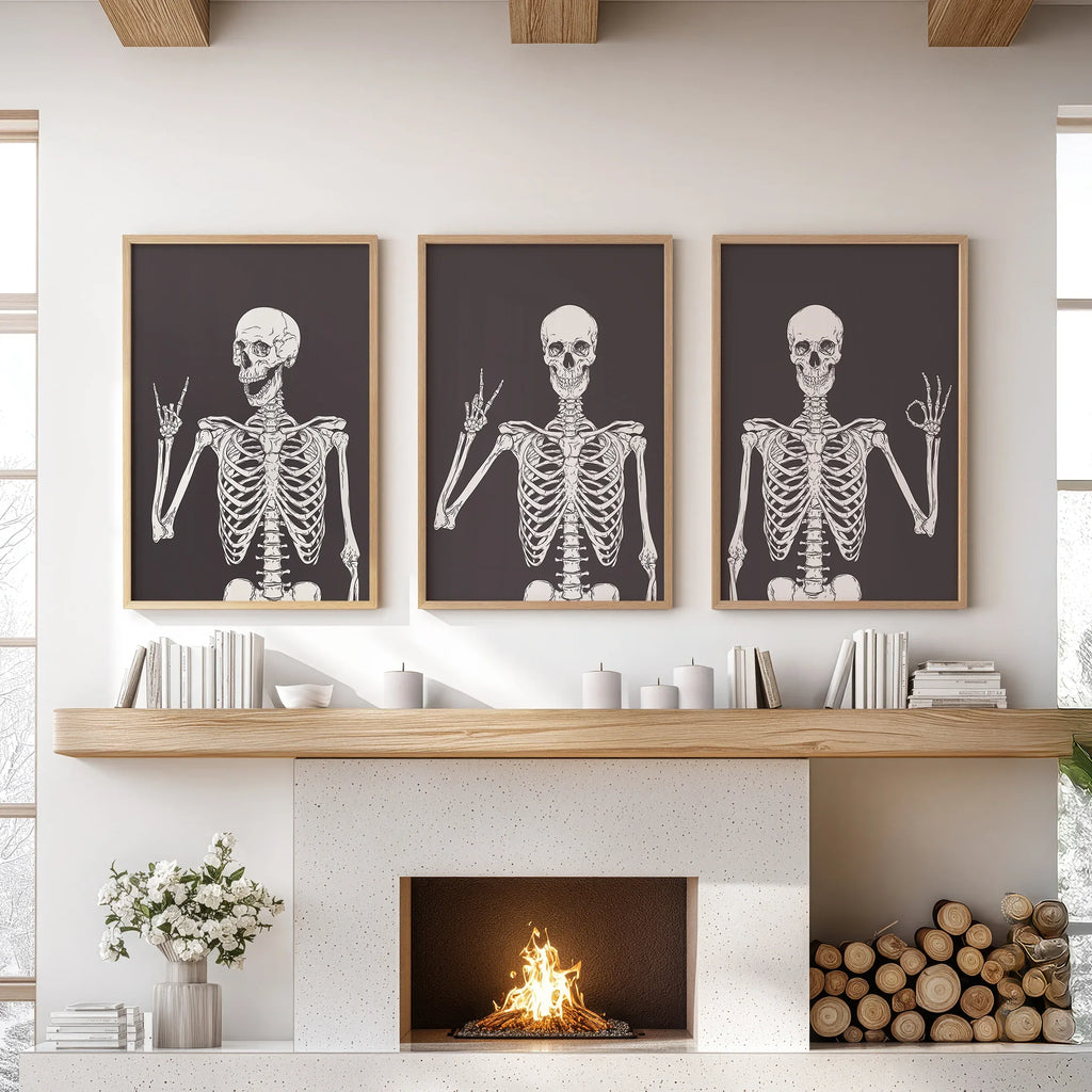 Halloween Skeleton Wall Art Set. 3 Piece Black Gothic Prints