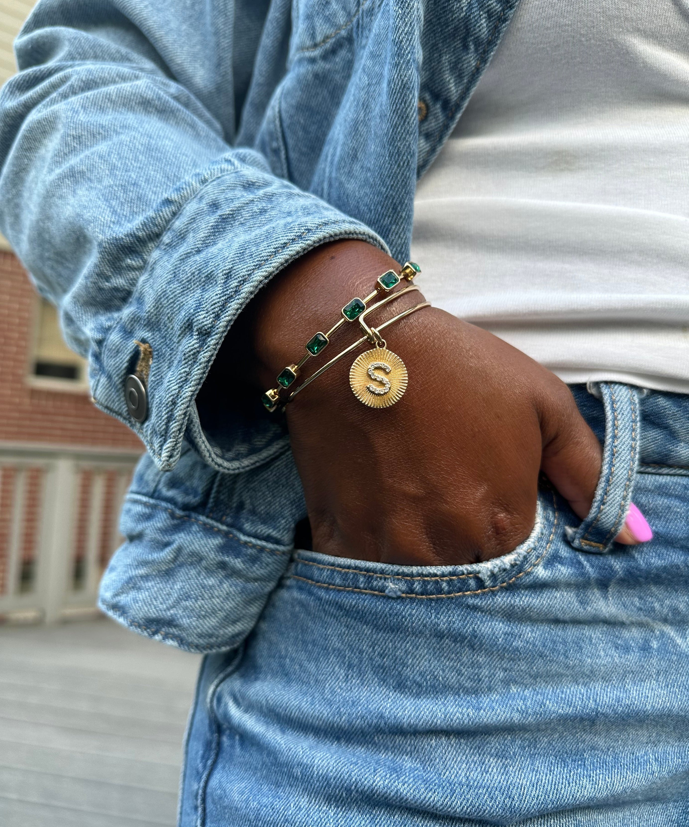 Initial S Pave Starburst Texture Bangle