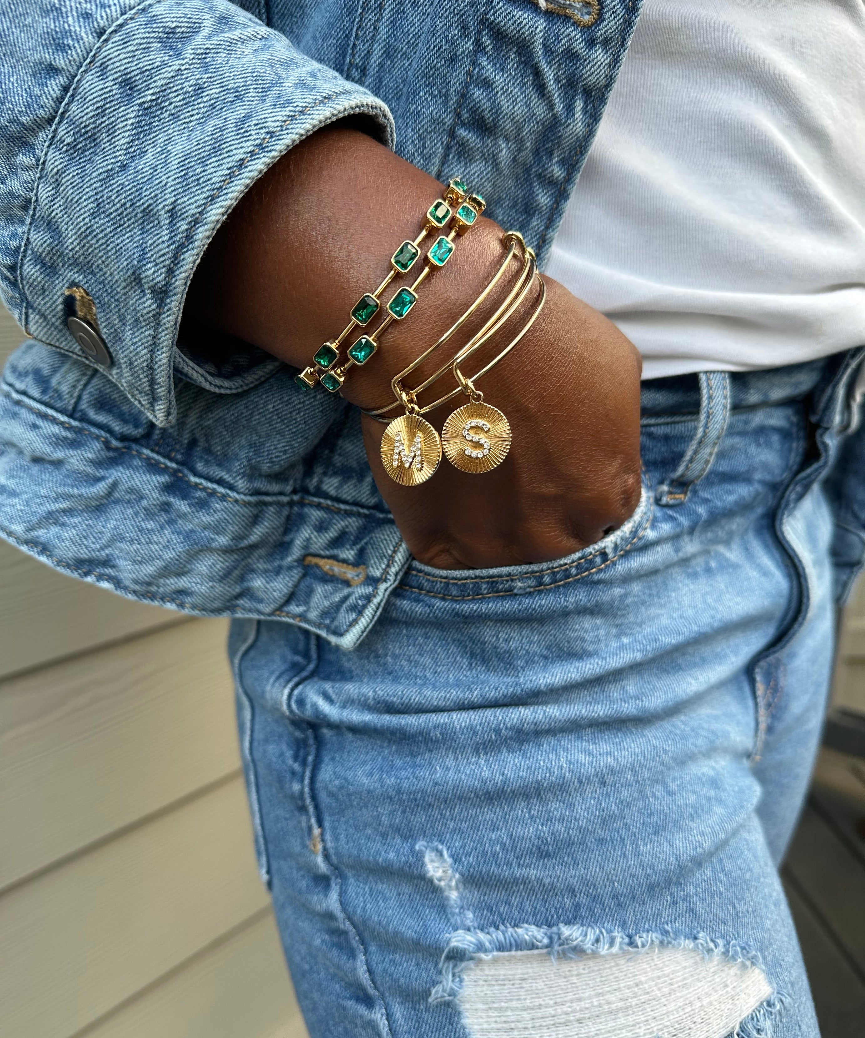 Initial M Pave Starburst Texture Bangle