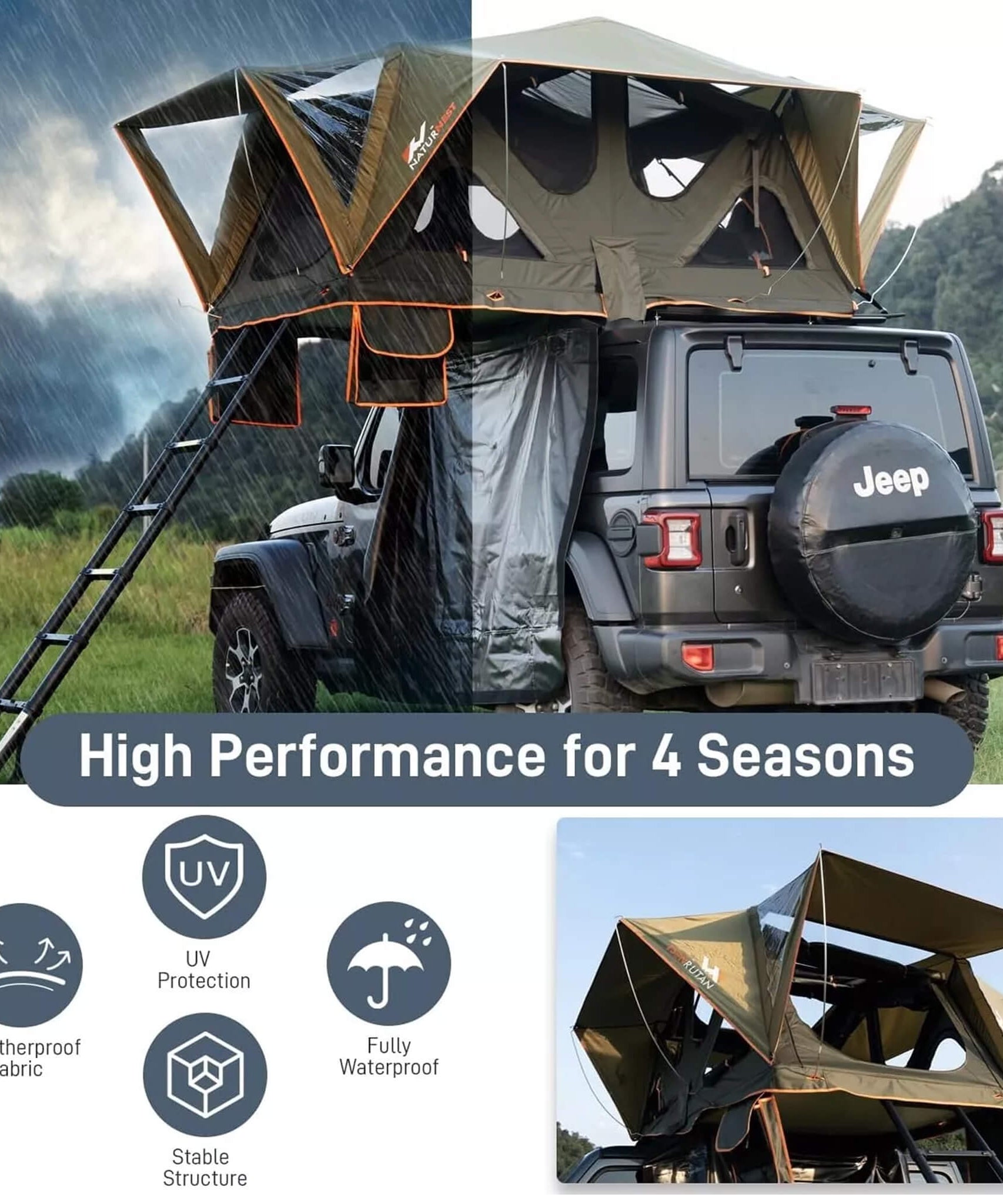 Naturnest Andromeda Green Soft-Shell Rooftop Tent With Large Panoramic Skylight & YKK Doors (SAK50612)