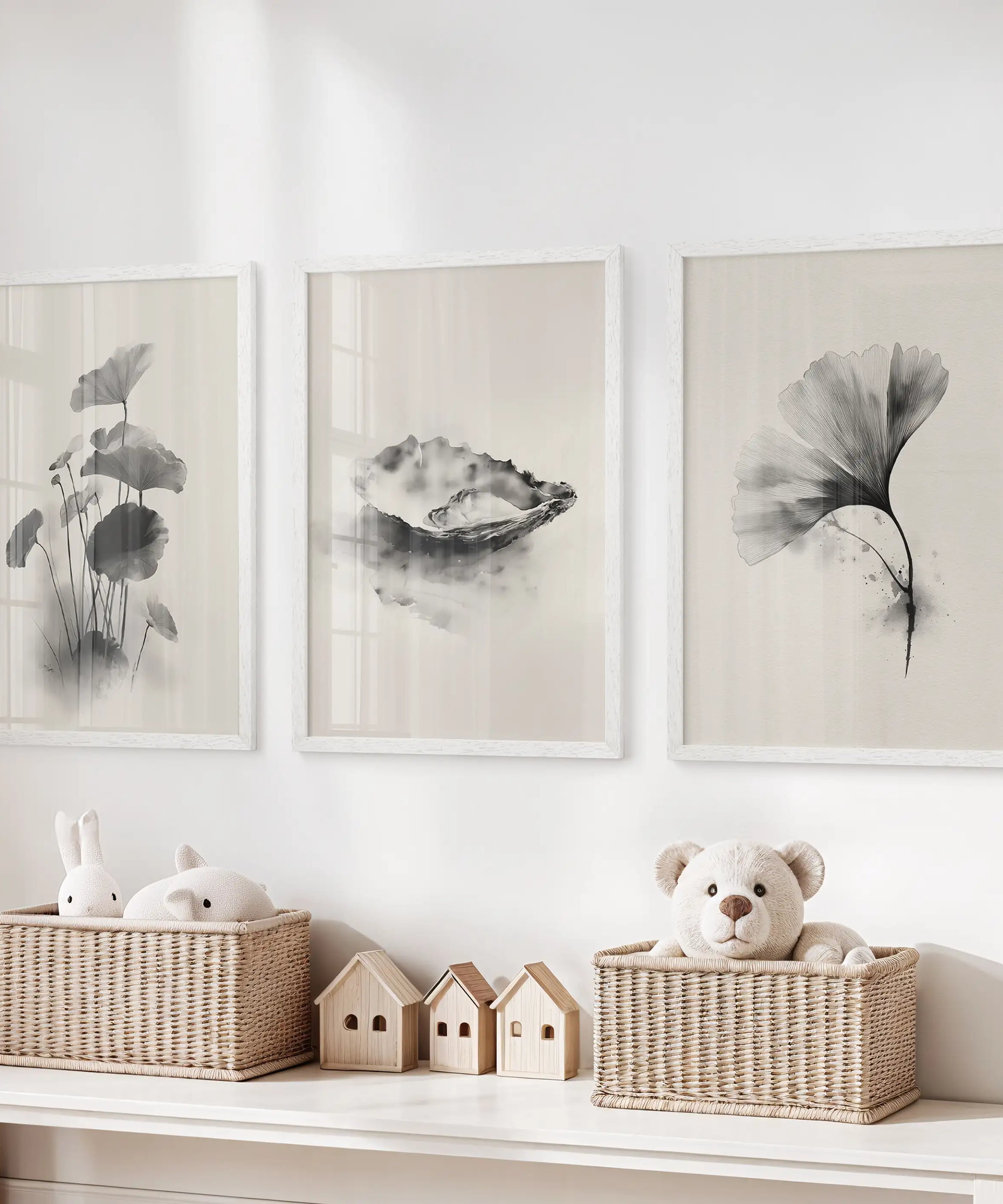 Minimalist Japanese Set of 3 Prints. Black and White Flowers Decor