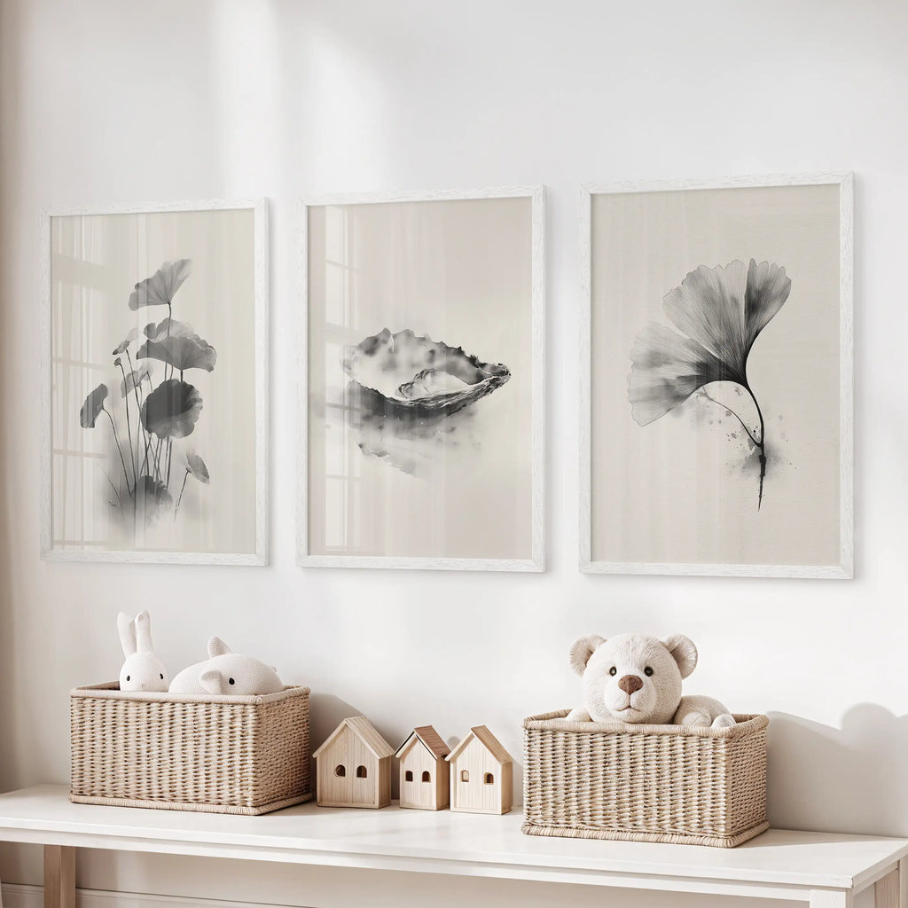 Minimalist Japanese Set of 3 Prints. Black and White Flowers Decor