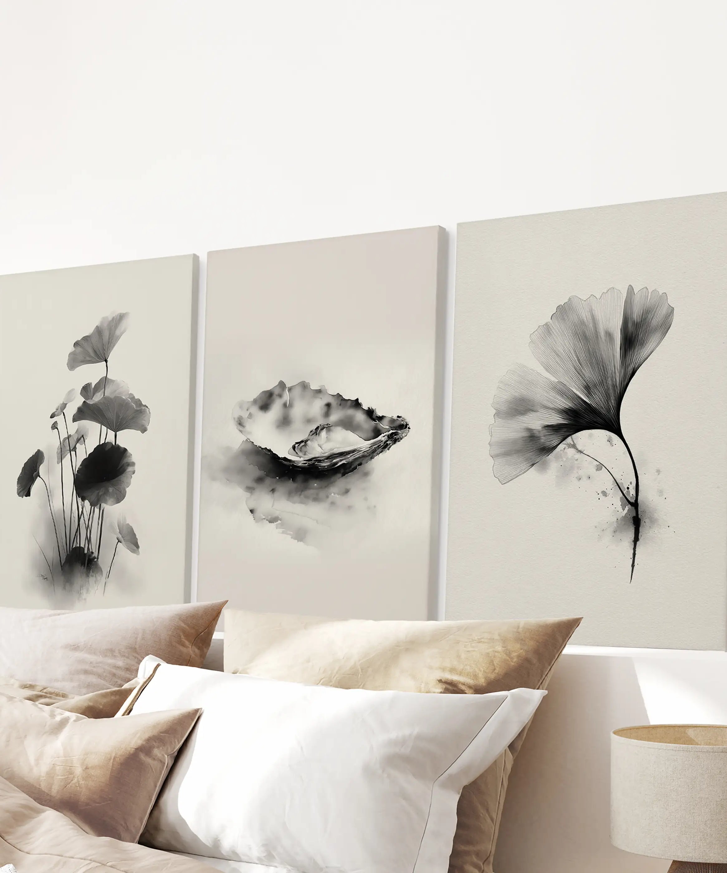 Minimalist Japanese Set of 3 Prints. Black and White Flowers Decor