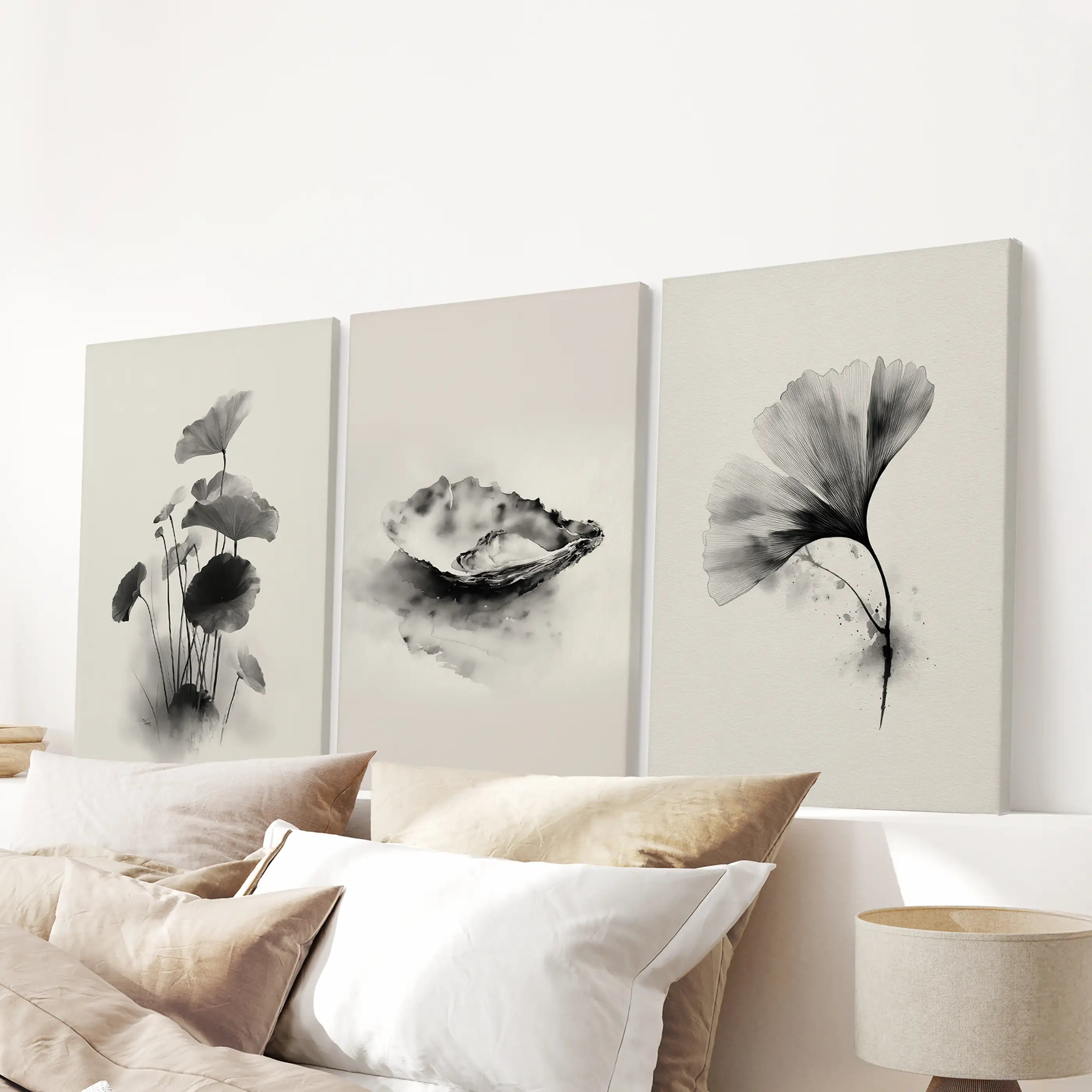 Minimalist Japanese Set of 3 Prints. Black and White Flowers Decor