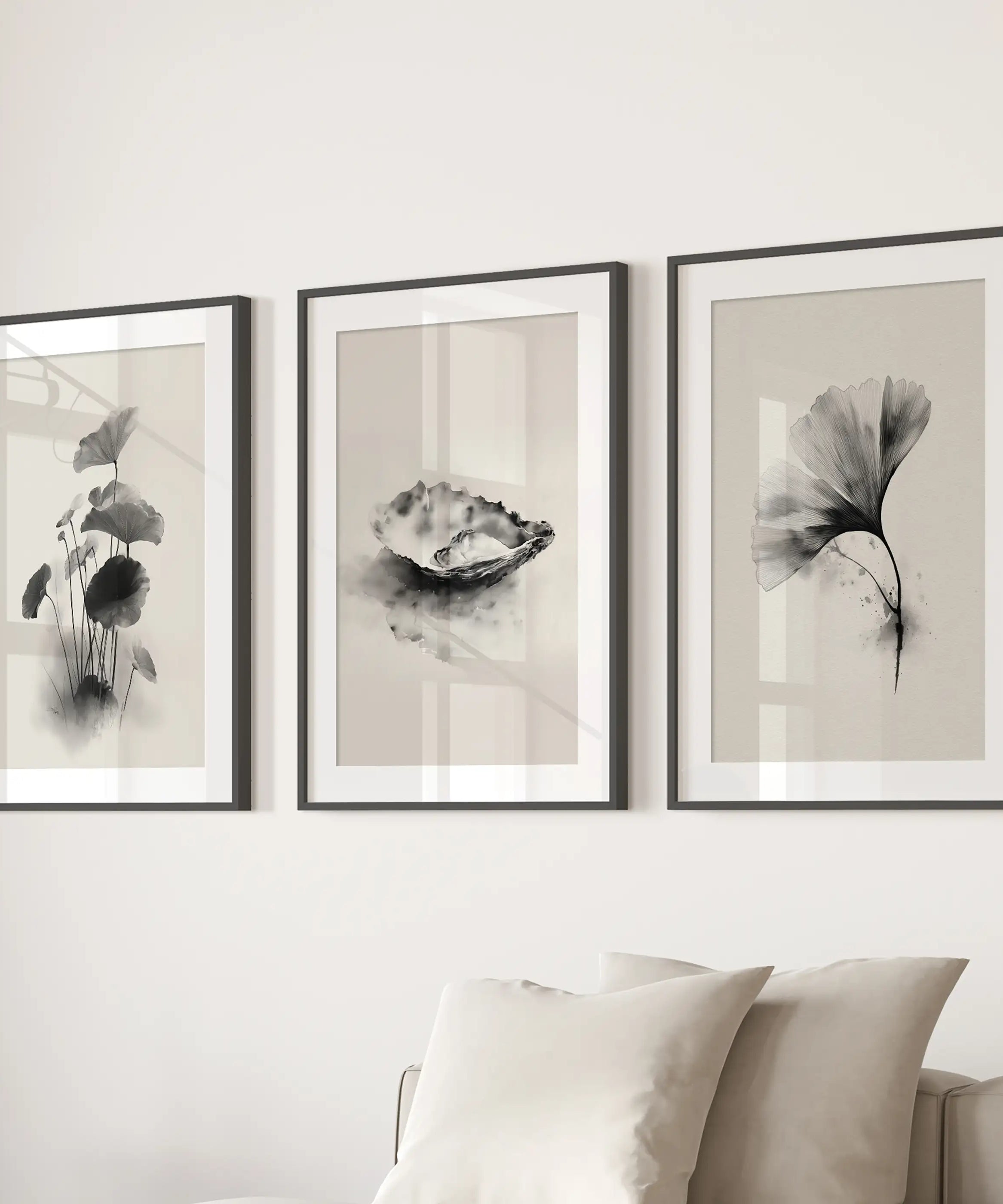 Minimalist Japanese Set of 3 Prints. Black and White Flowers Decor