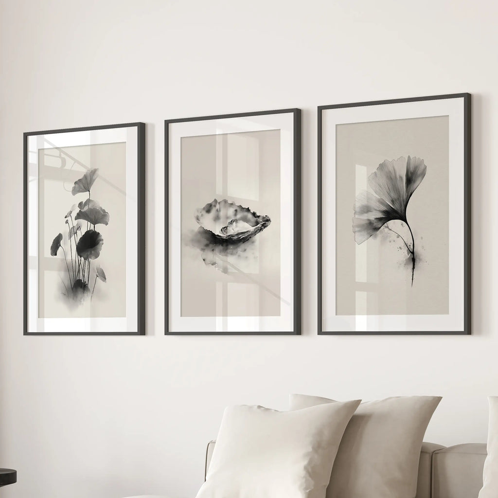 Minimalist Japanese Set of 3 Prints. Black and White Flowers Decor