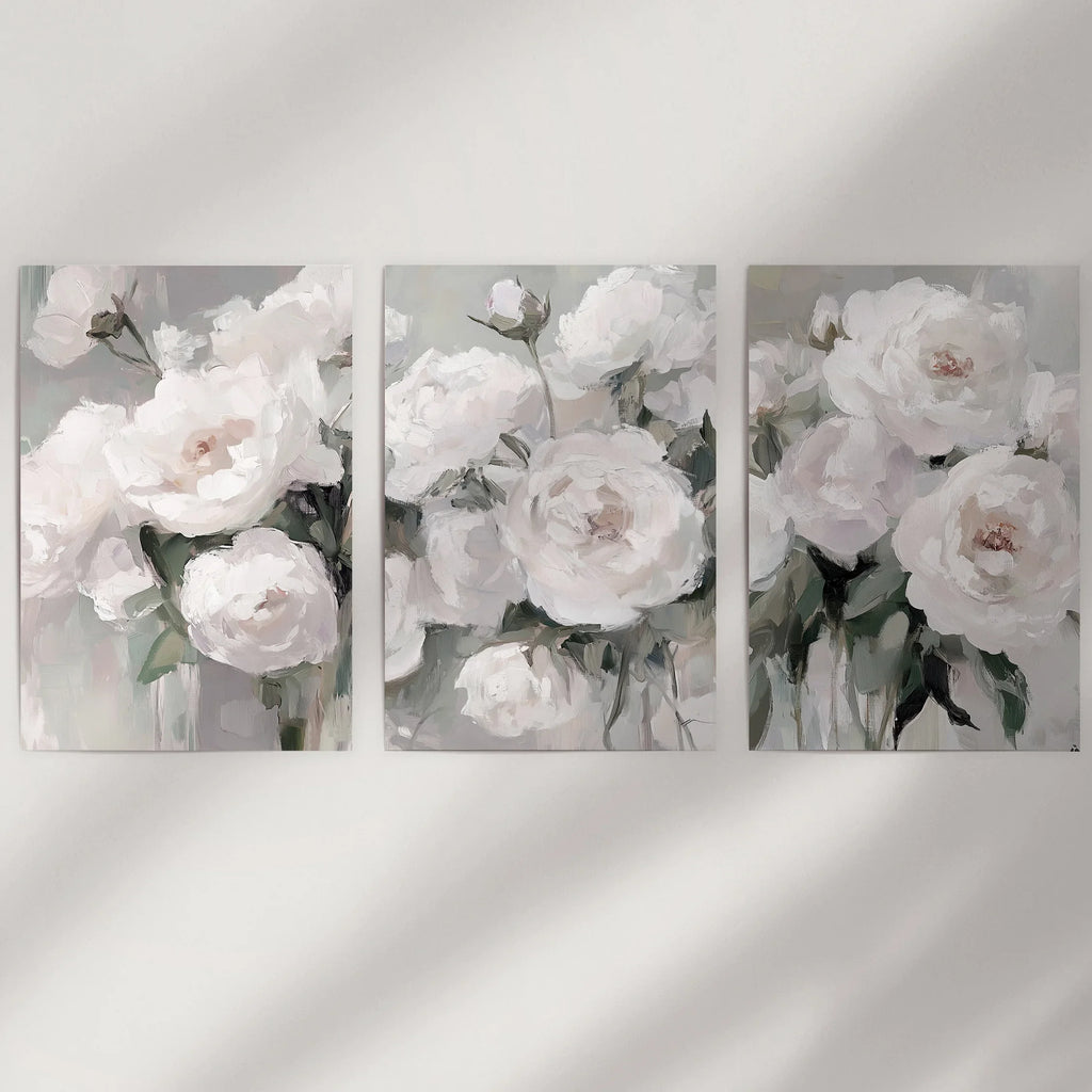 Romantic White Flower 3 Piece Wall Art. Peony Painting Print