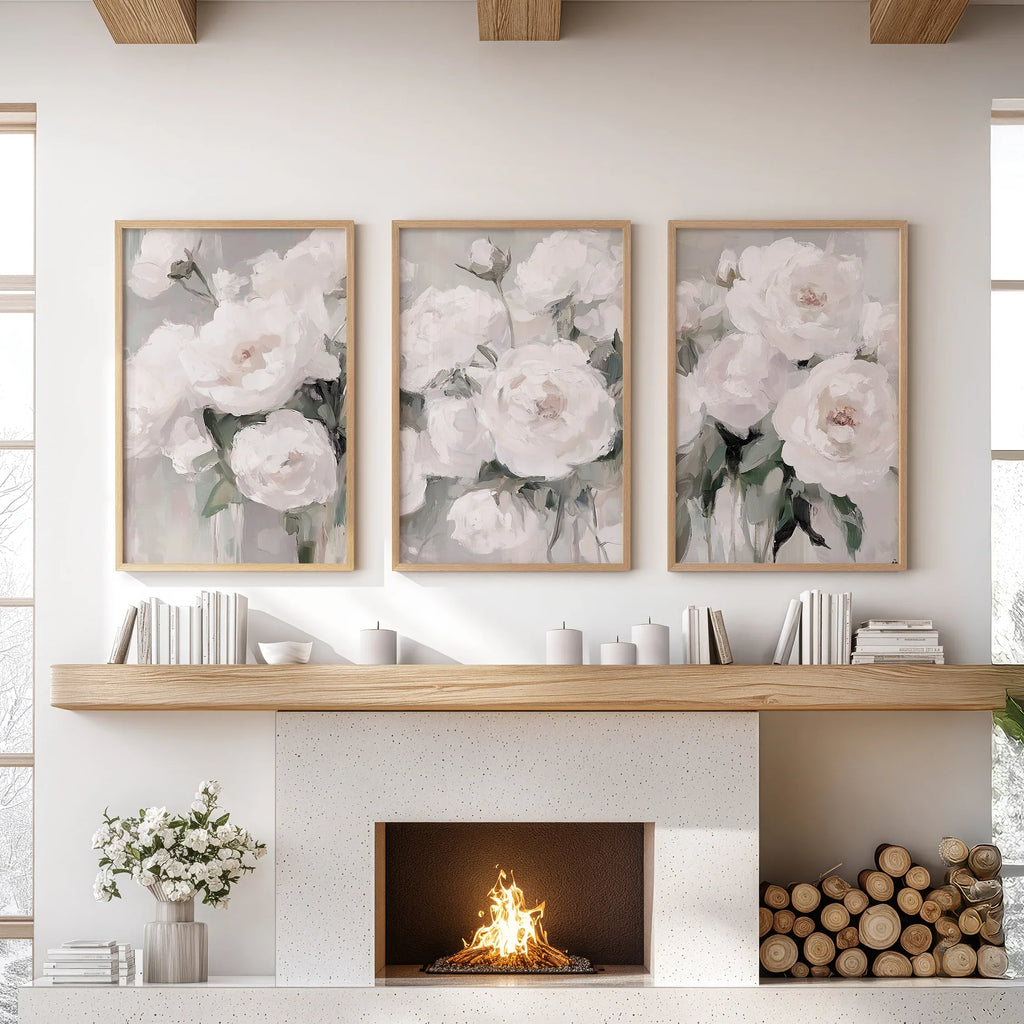 Romantic White Flower 3 Piece Wall Art. Peony Painting Print