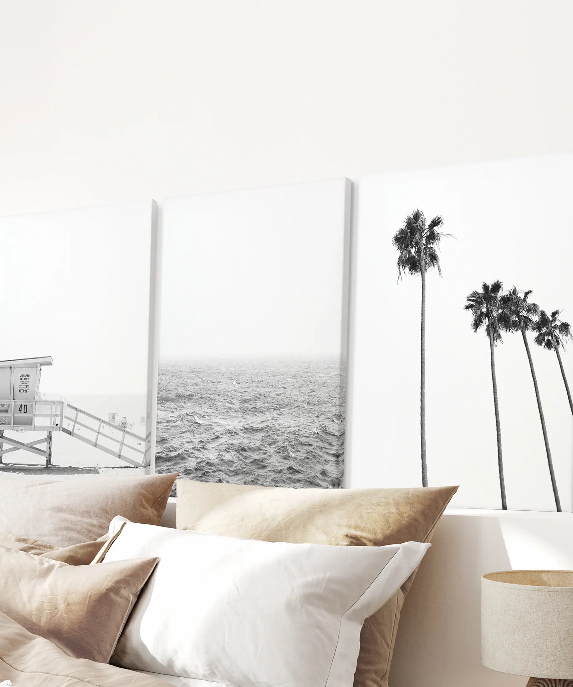 Black White Coastal Wall Art Set: Palms, Ocean, Lifeguard