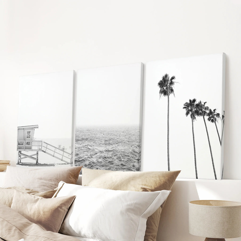 Black White Coastal Wall Art Set: Palms, Ocean, Lifeguard