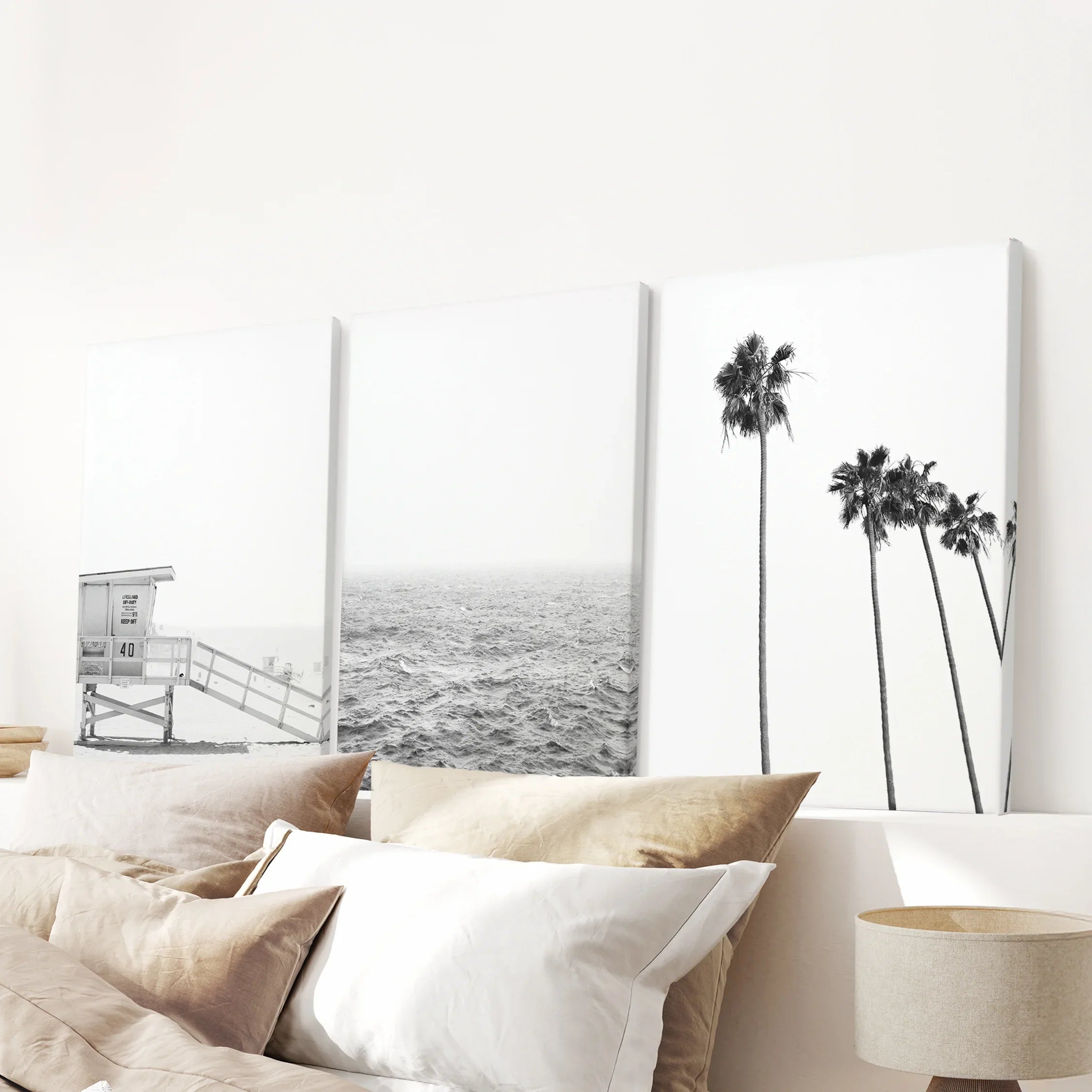 Black White Coastal Wall Art Set: Palms, Ocean, Lifeguard